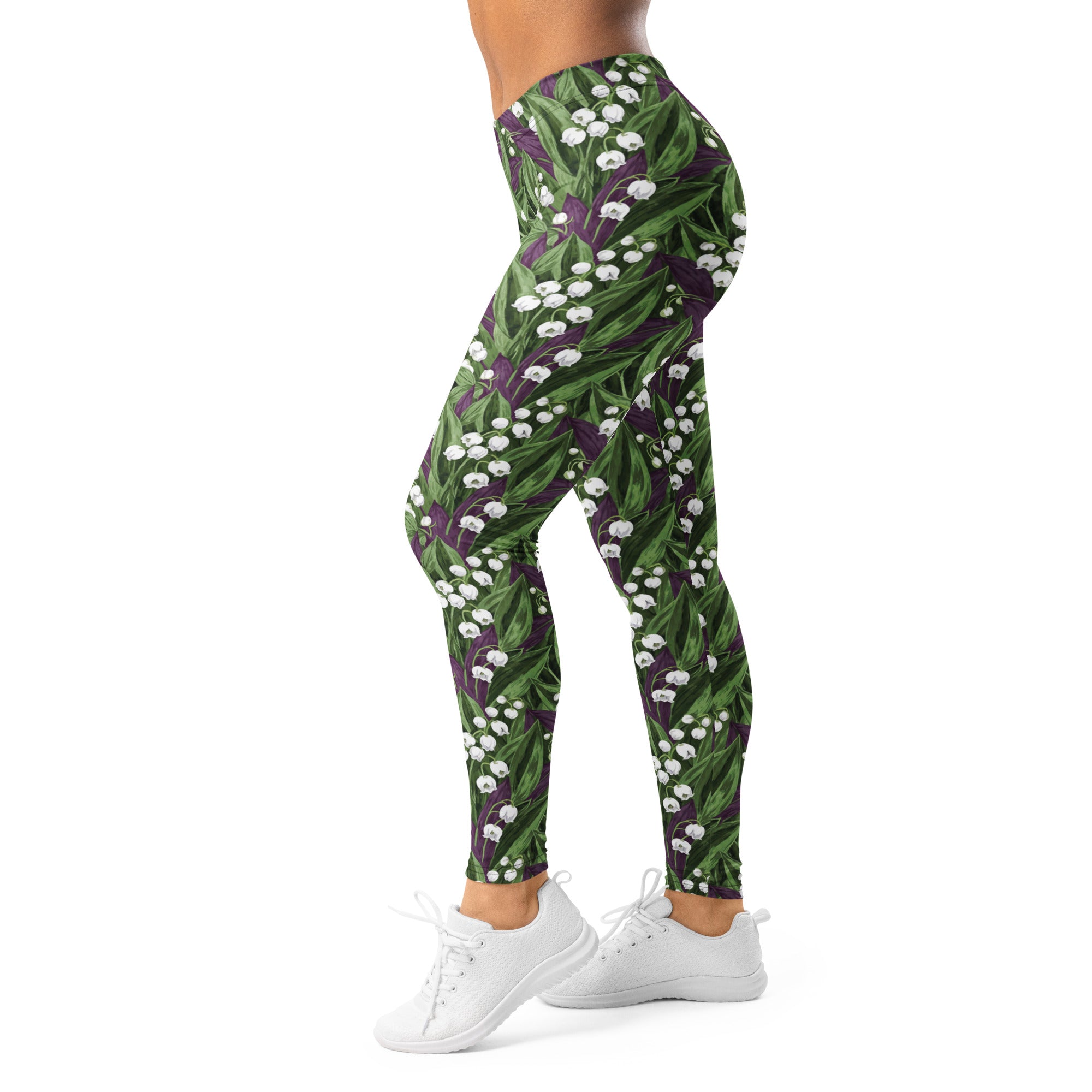 Women's white lily of the valley printed leggings front view