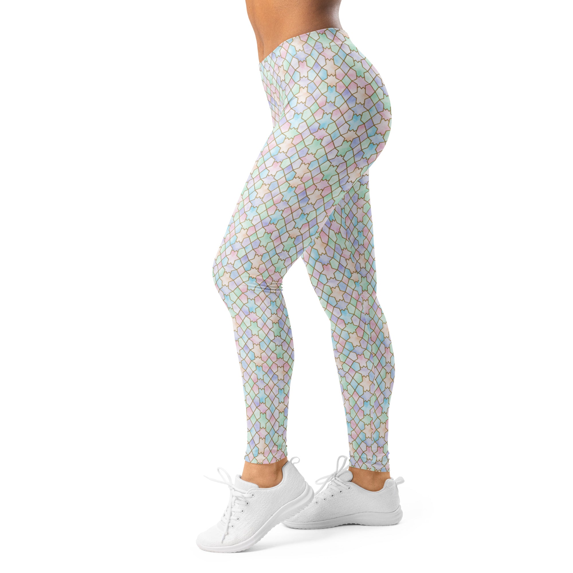 Women's pastel rainbow printed leggings front view