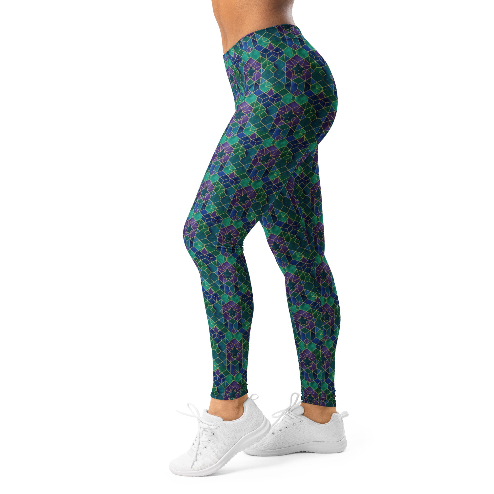 Women's arabic peacock plume printed leggings front view