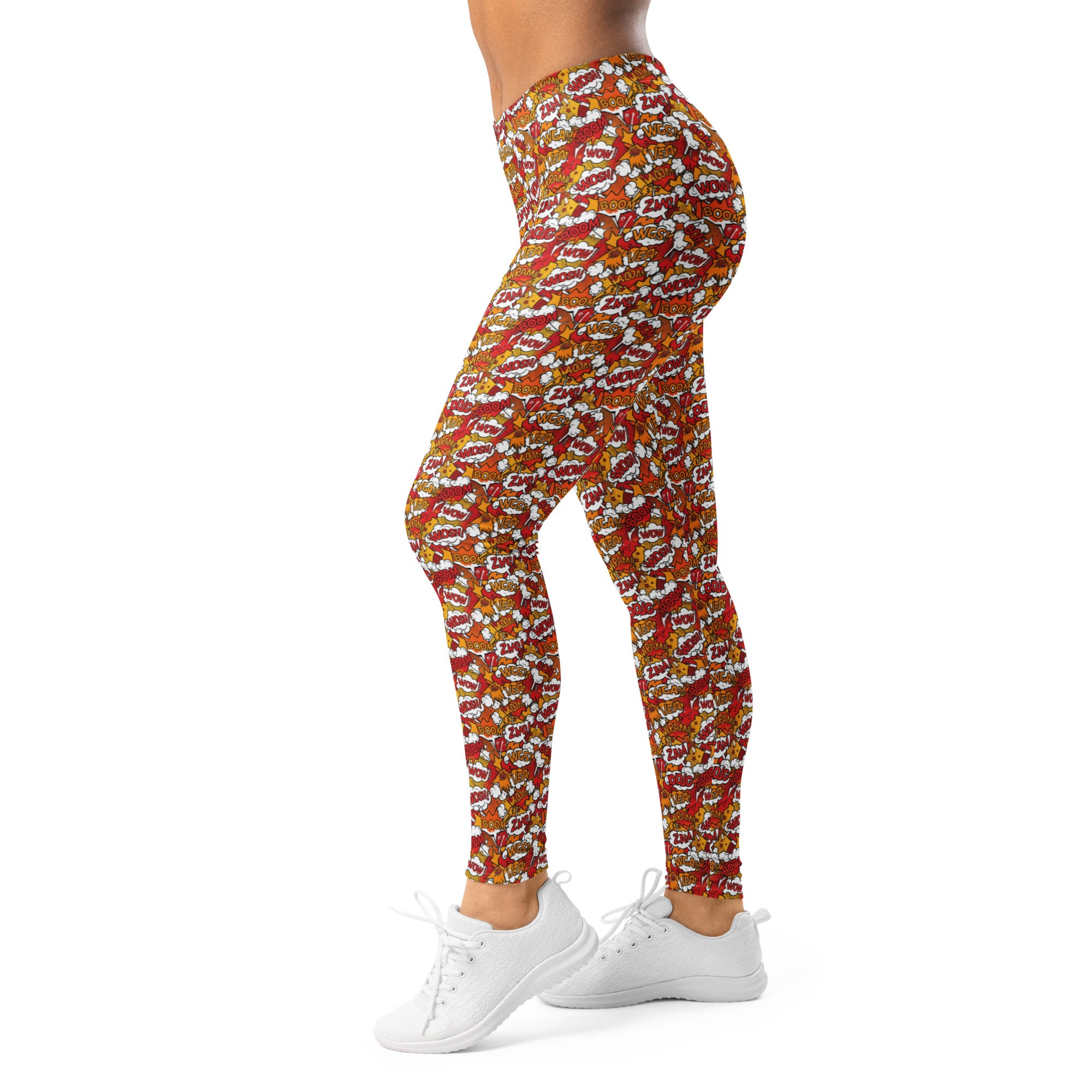 Women's comic pop fire engine printed leggings front view