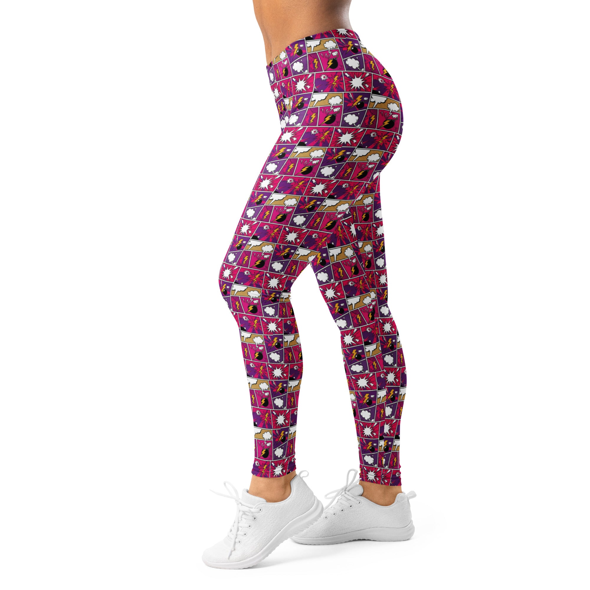 Women's comic strip girl power printed leggings front view