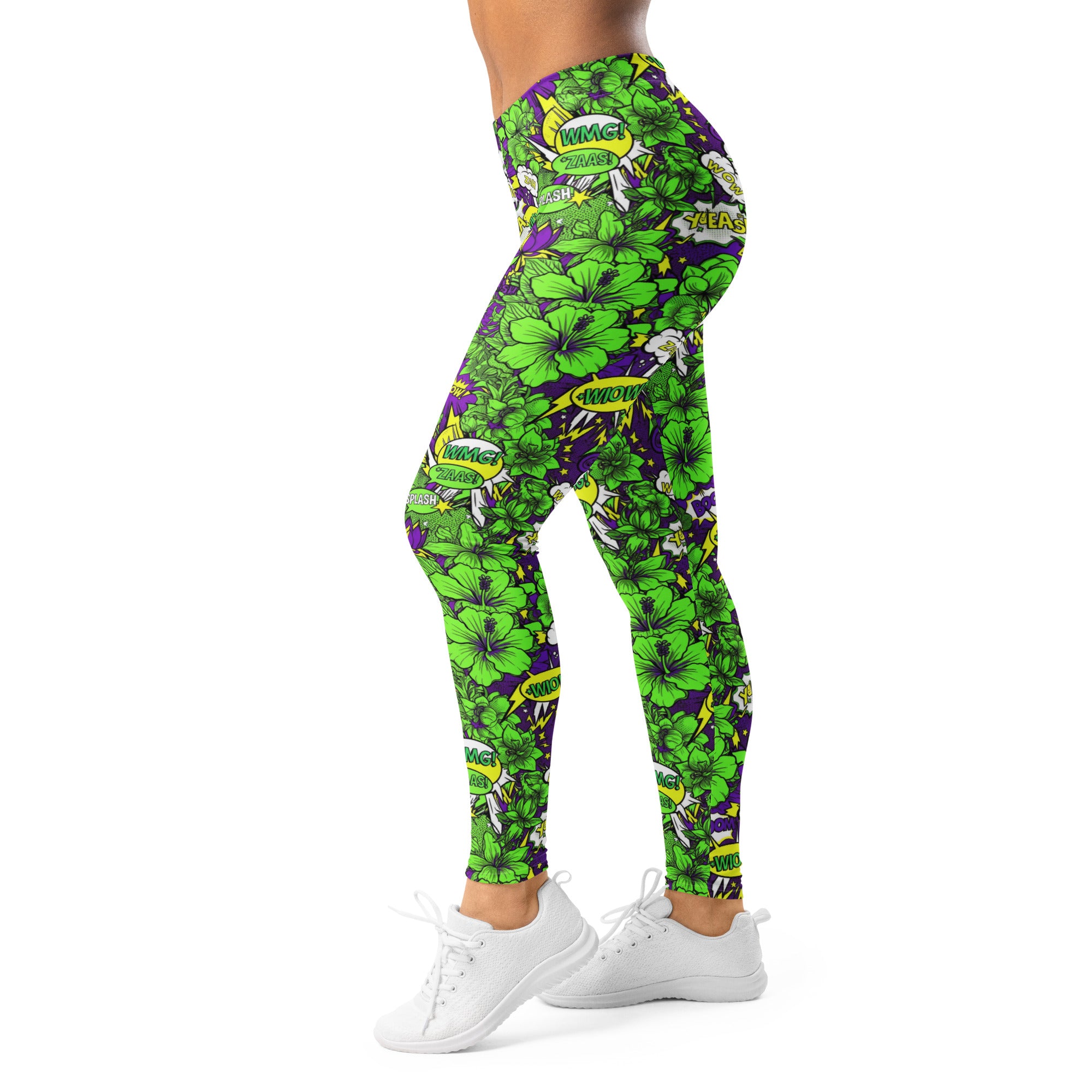 Women's comic pop toxic green printed leggings front view