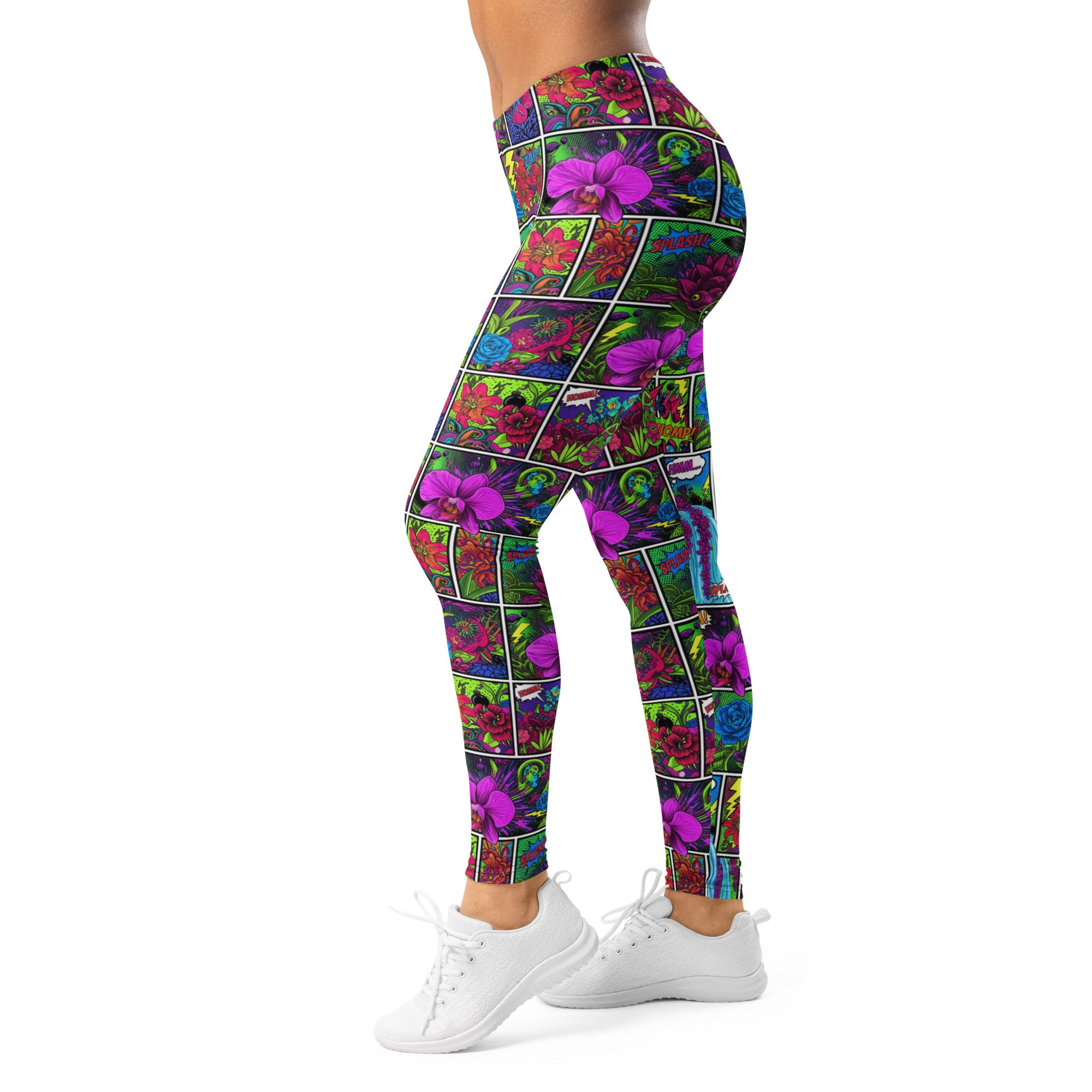 Women's comic strip neon villain leggings front view