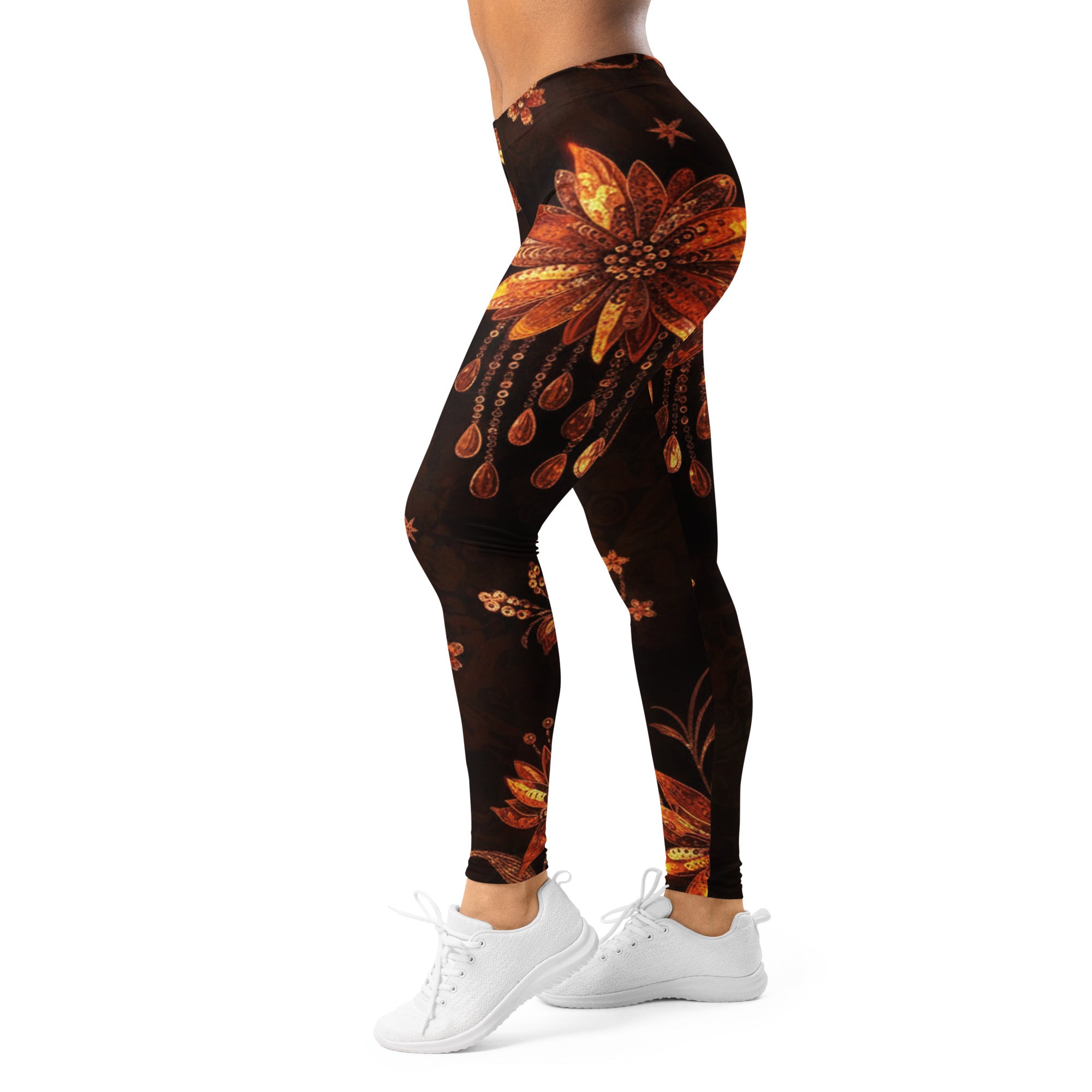Women's copper paillette wildflower printed leggings front view