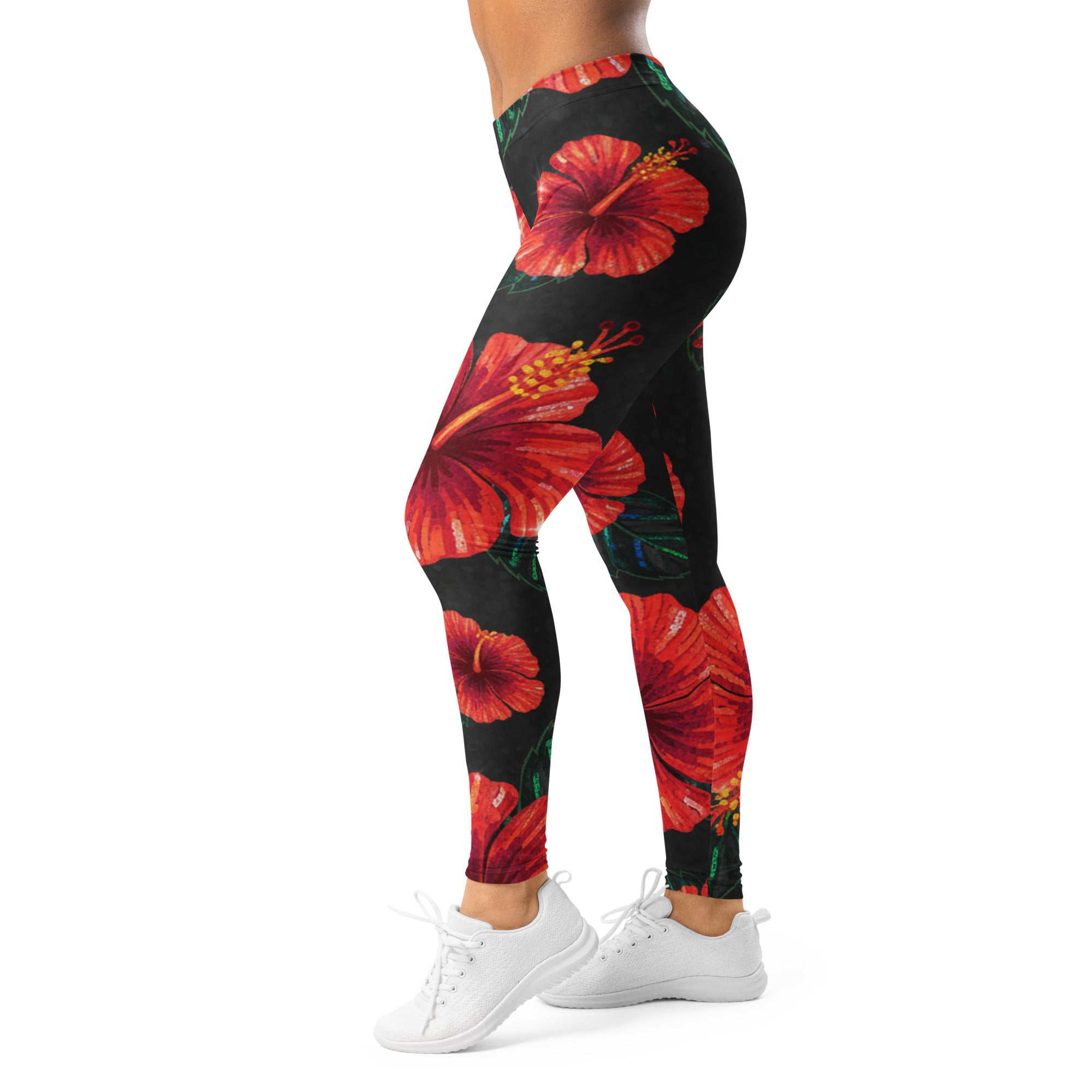 Women's scarlet hibiscus paillette leggings front view