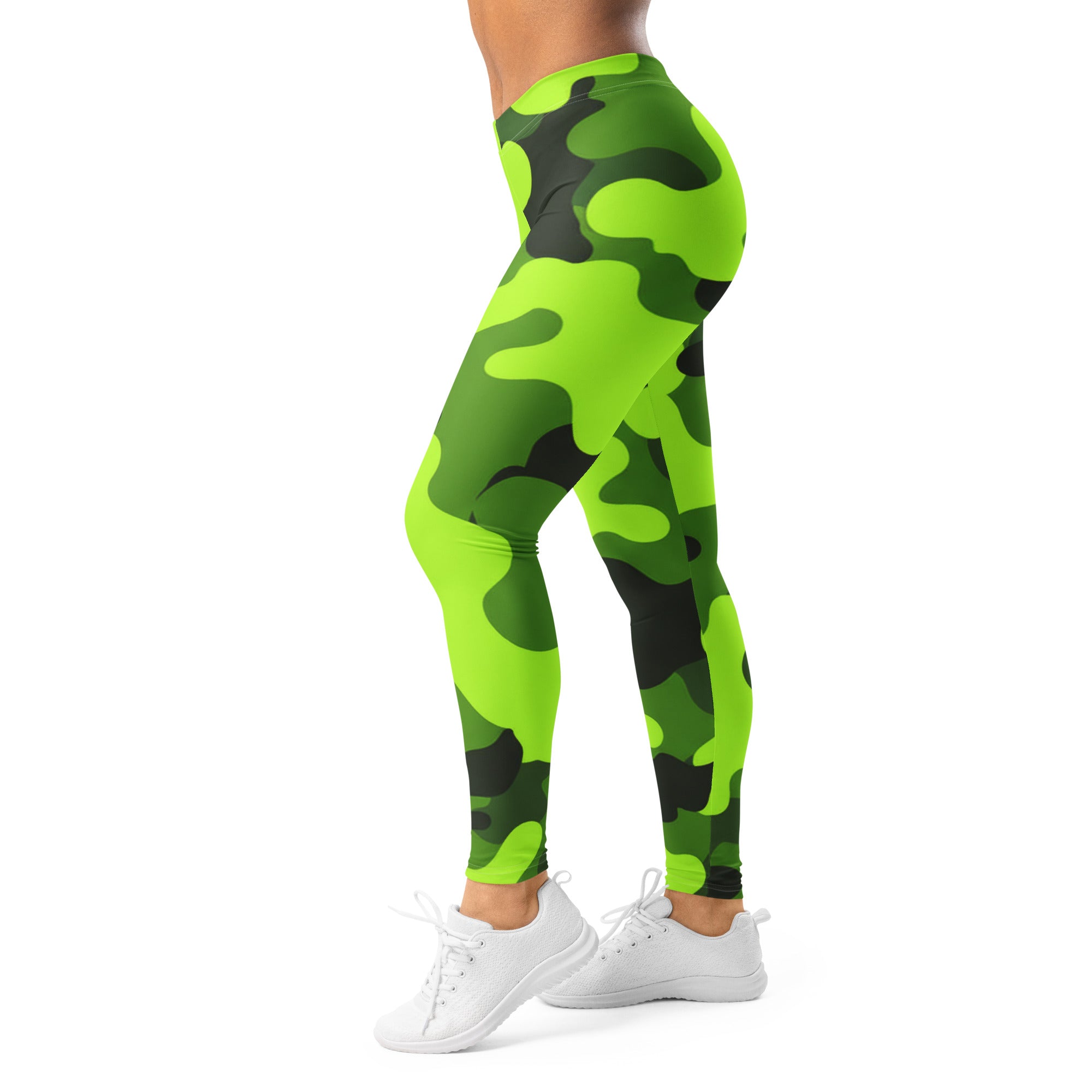Women's neon camo printed leggings front view
