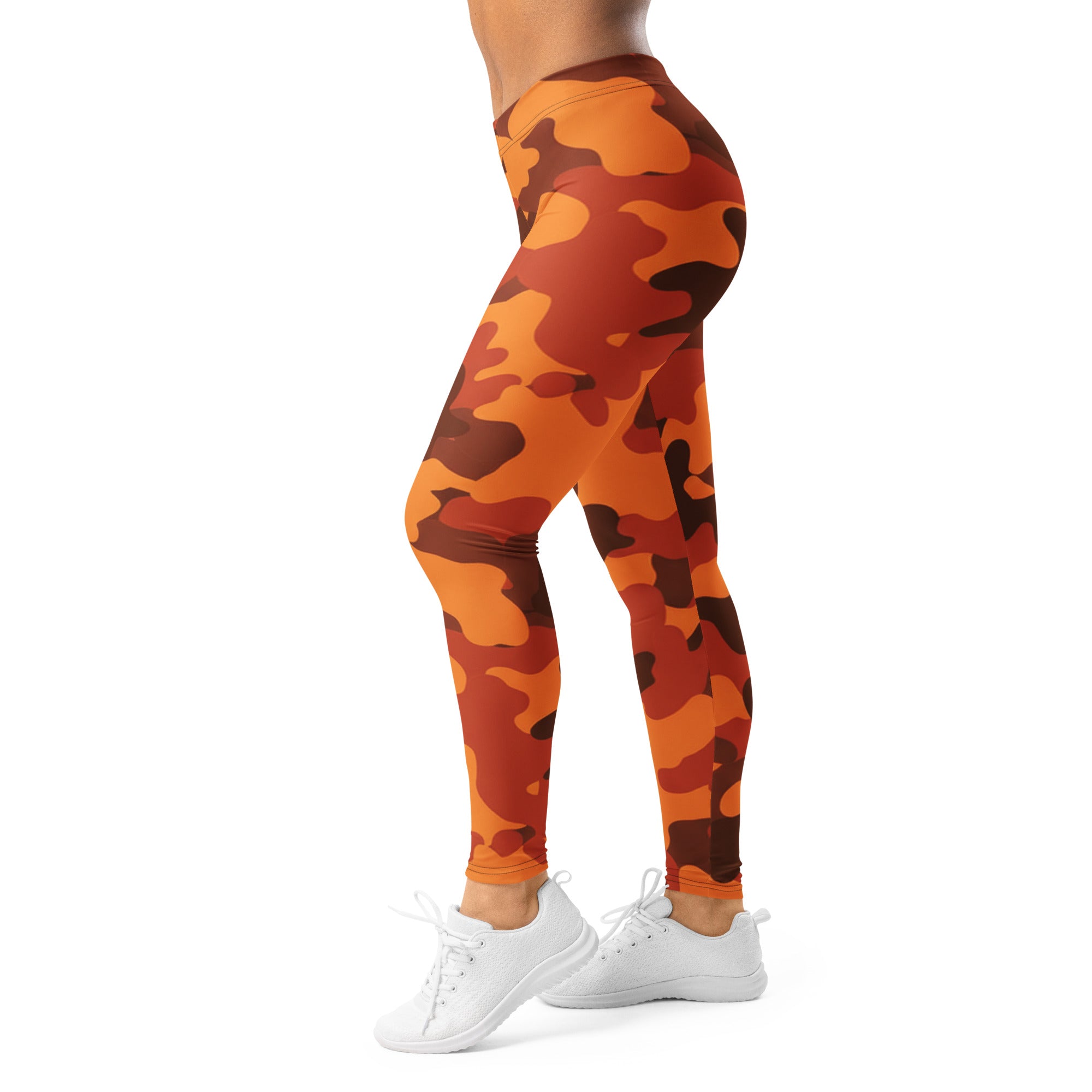 Women's burnt orange camo leggings front view