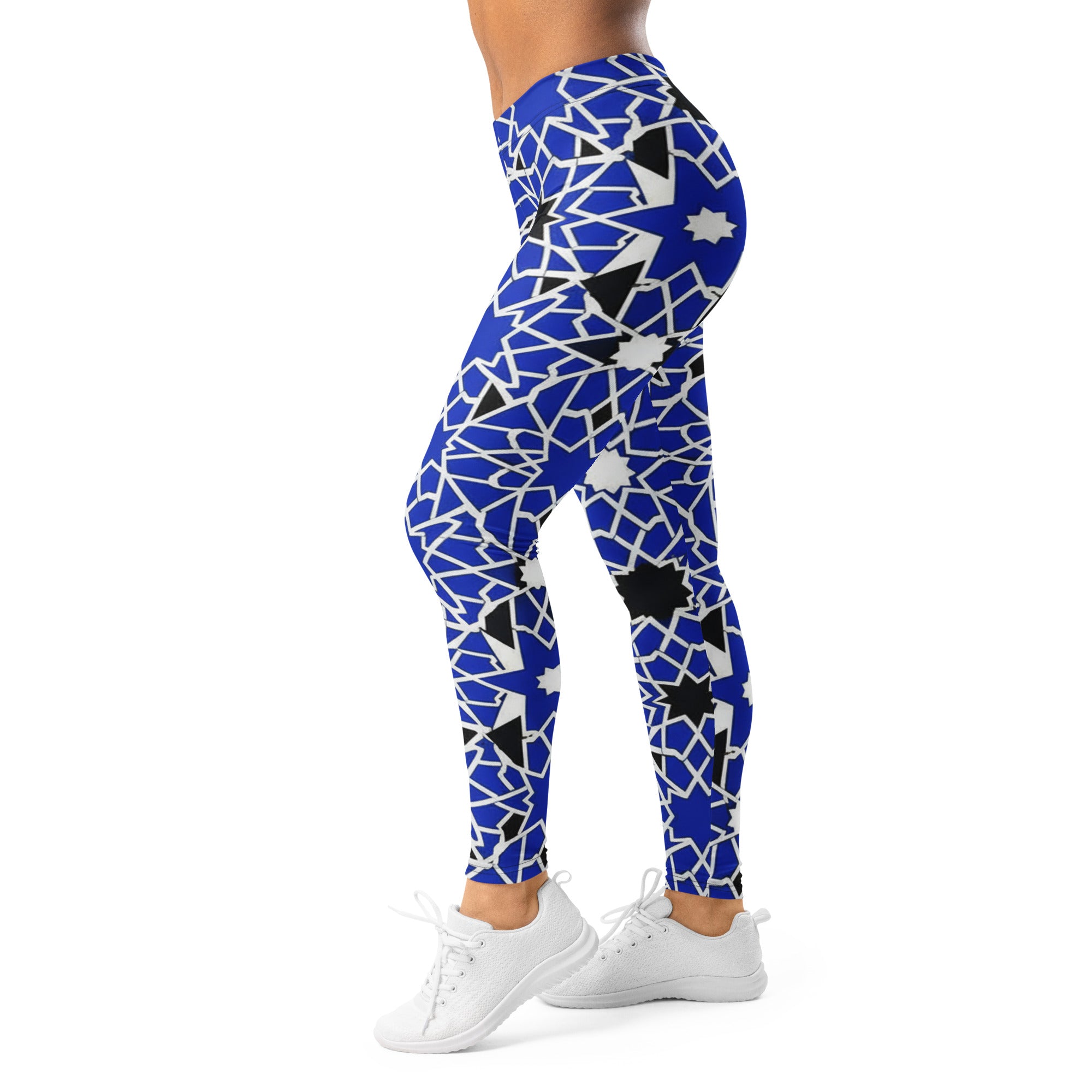 Women's blue zellige pattern leggings front view