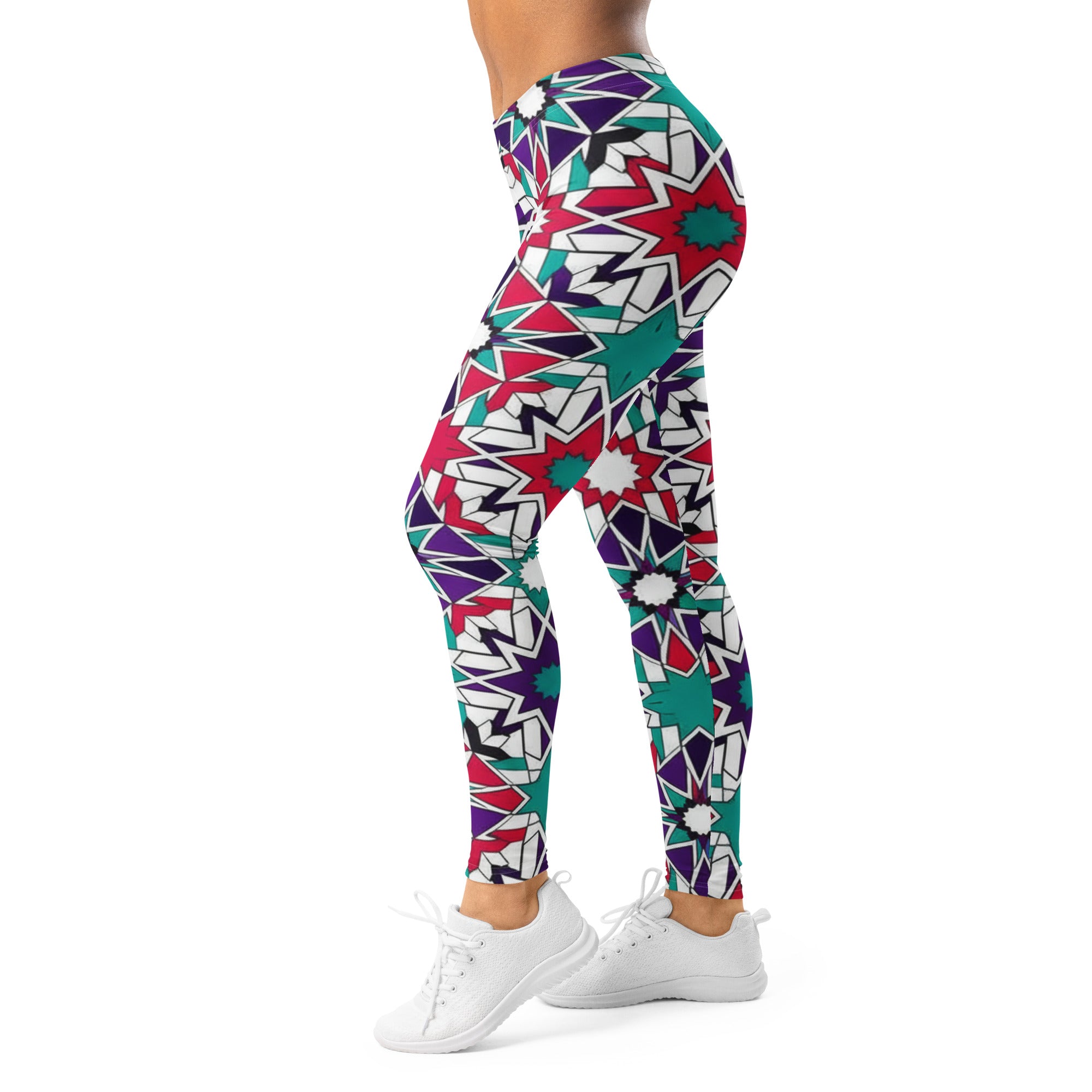 Women's crimson teal geometric leggings front view