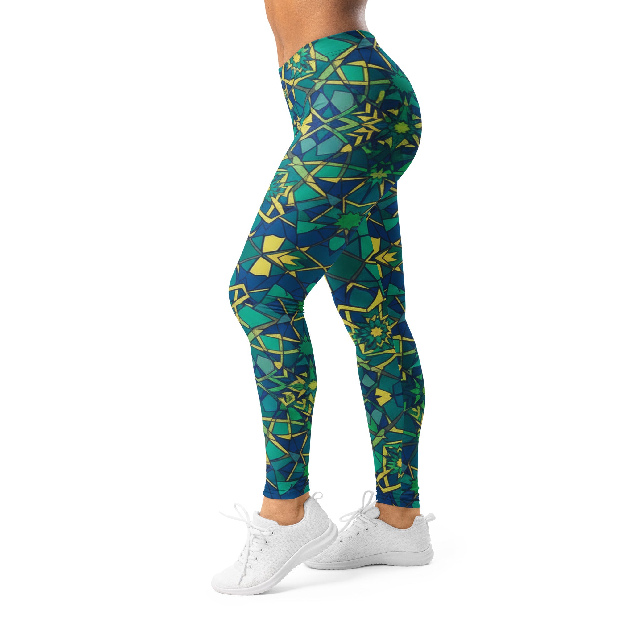 Women's zellige peacock printed leggings front view