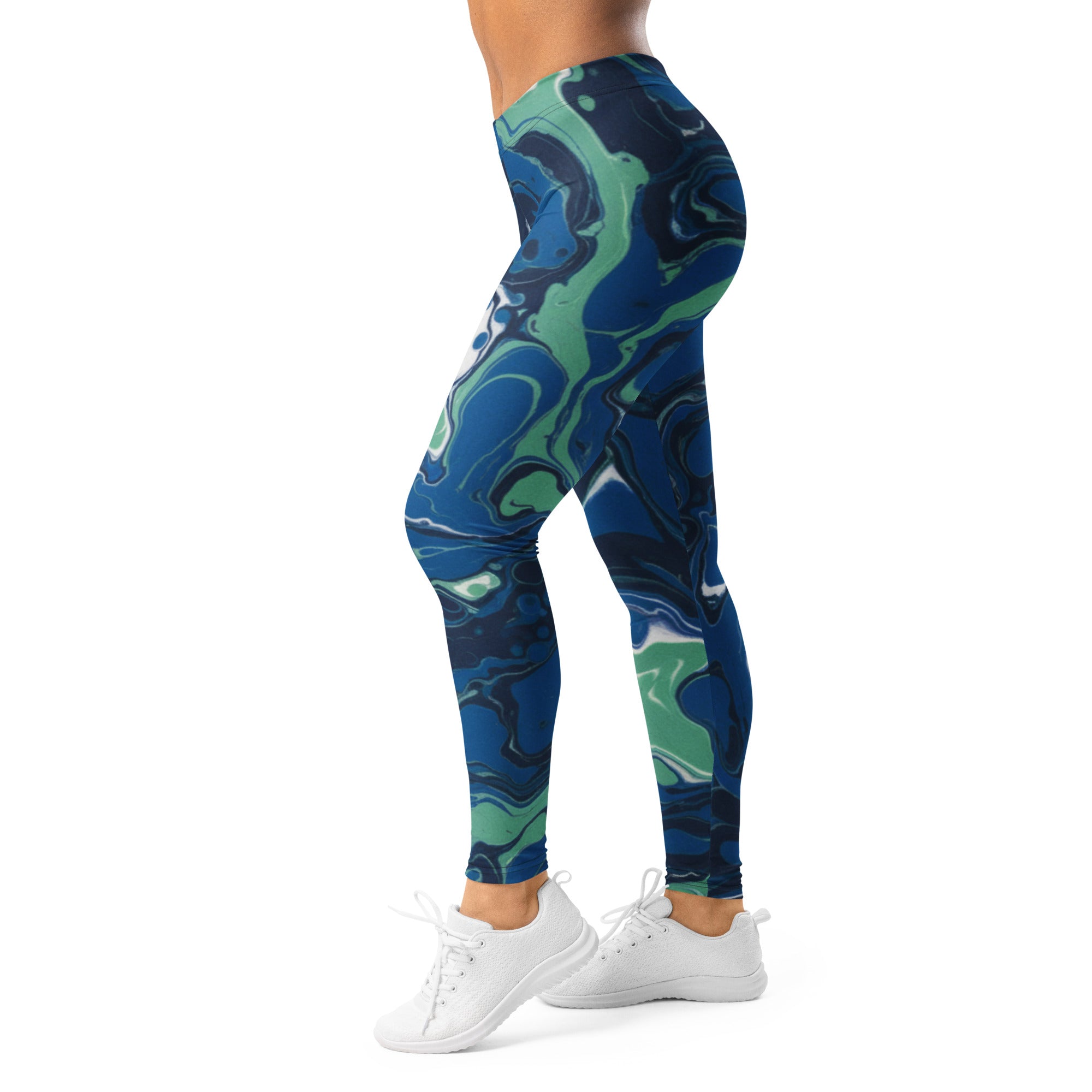 Women's liquid marble ocean current printed leggings front view