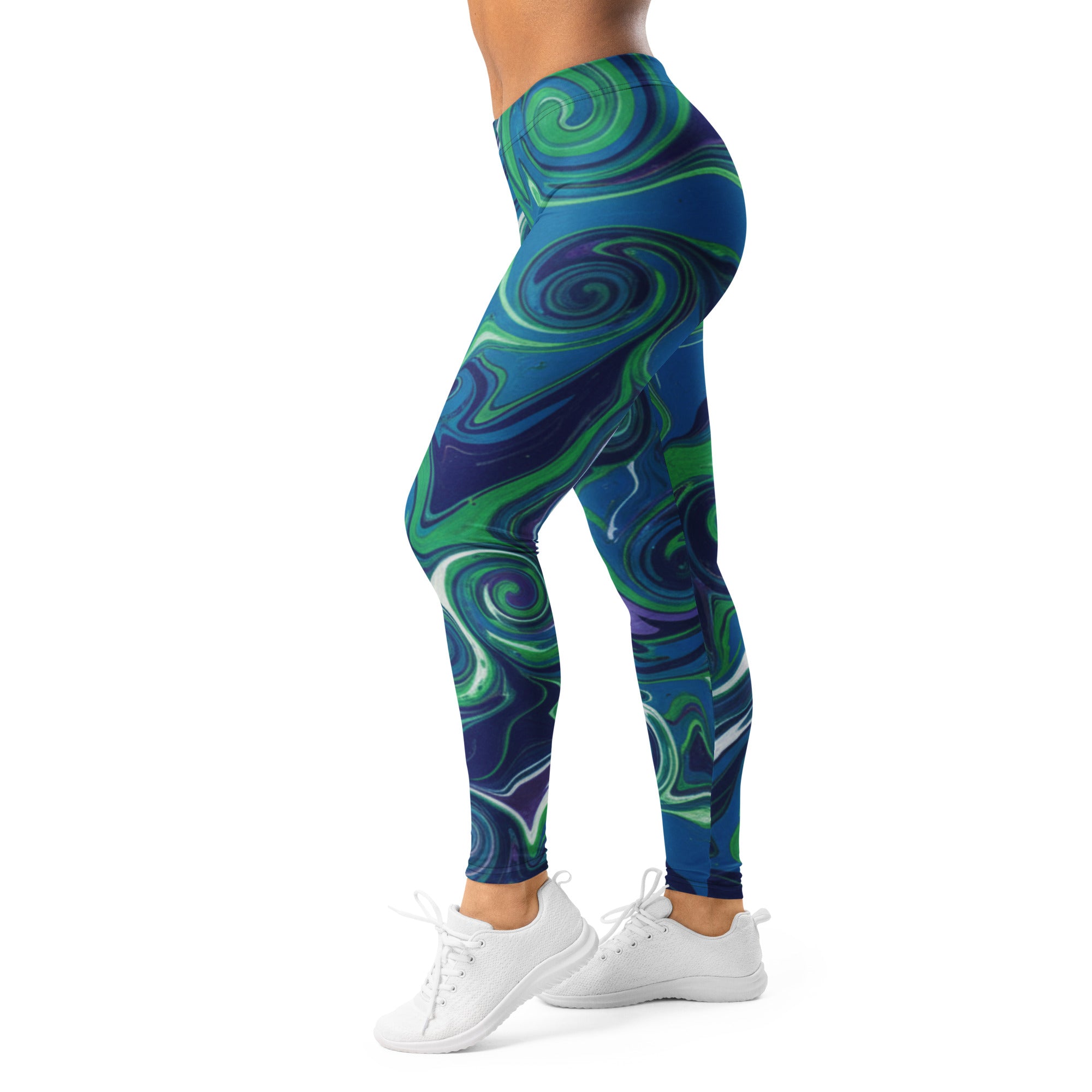 Women's liquid marble arctic aurora printed leggings front view