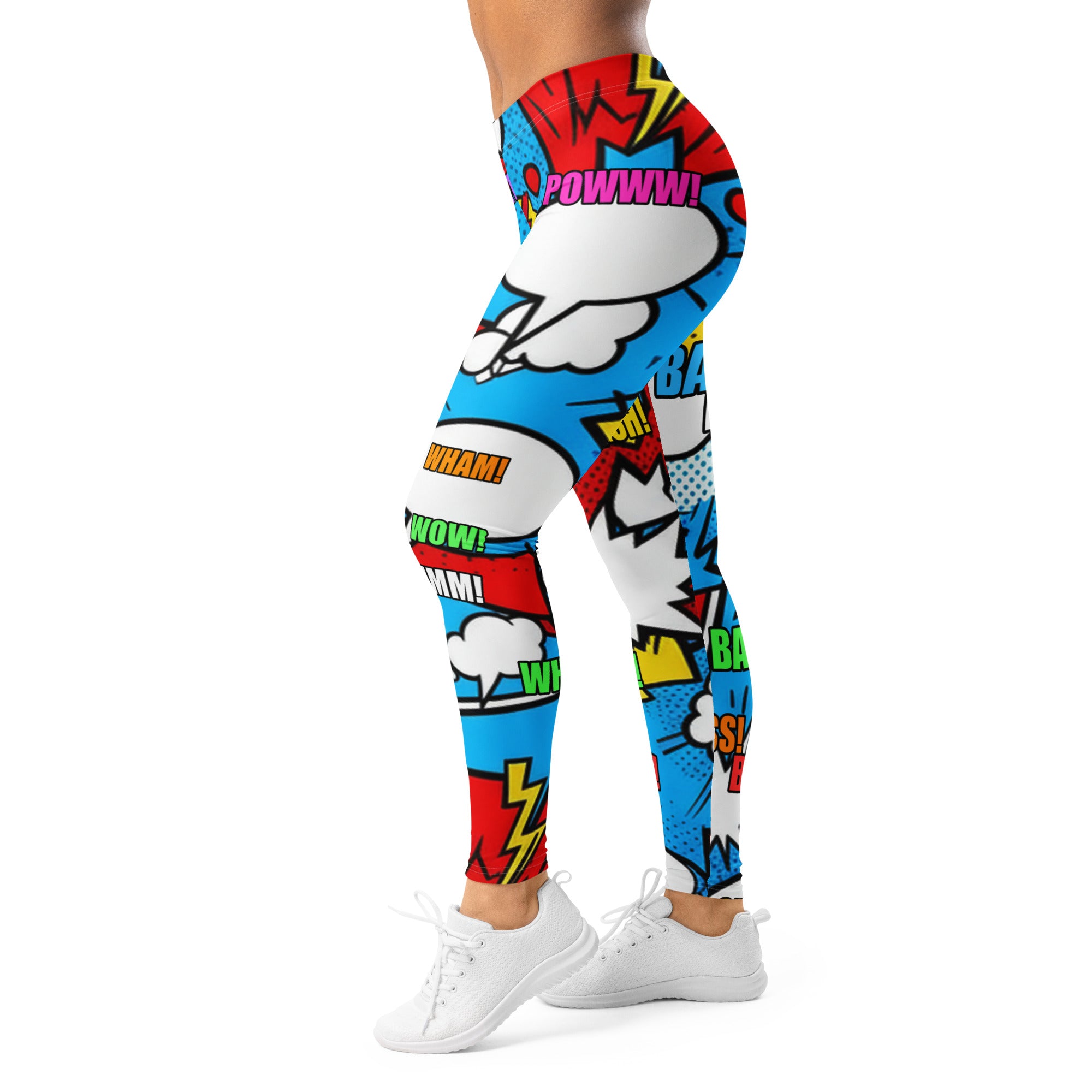 Women's comic pop electric blue printed leggings front view