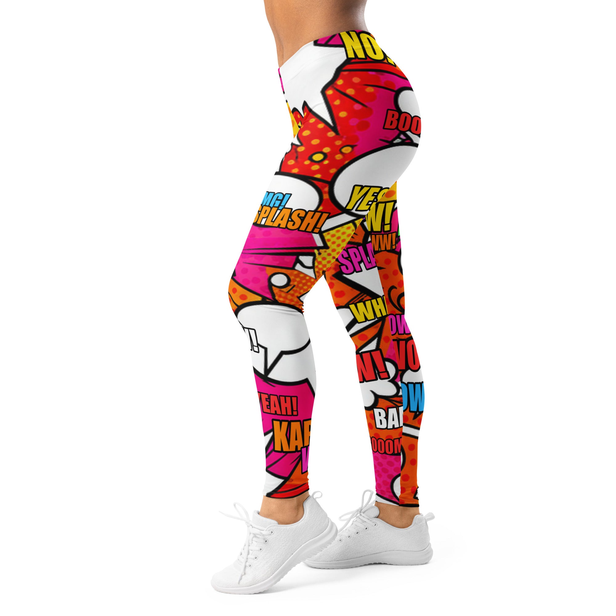 Women's comic pop sunset orange printed leggings front view