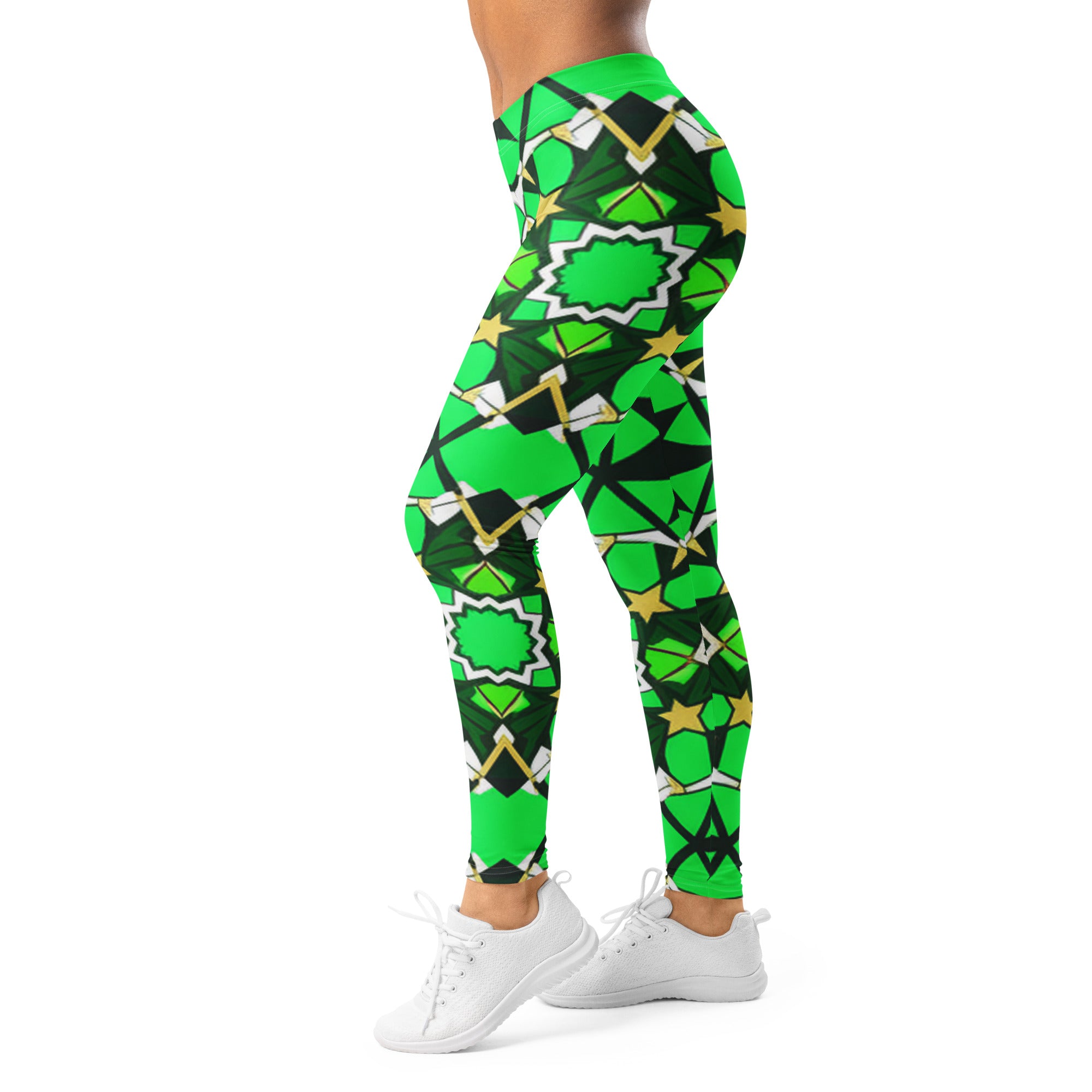 Women's emerald and gold patterned leggings front view