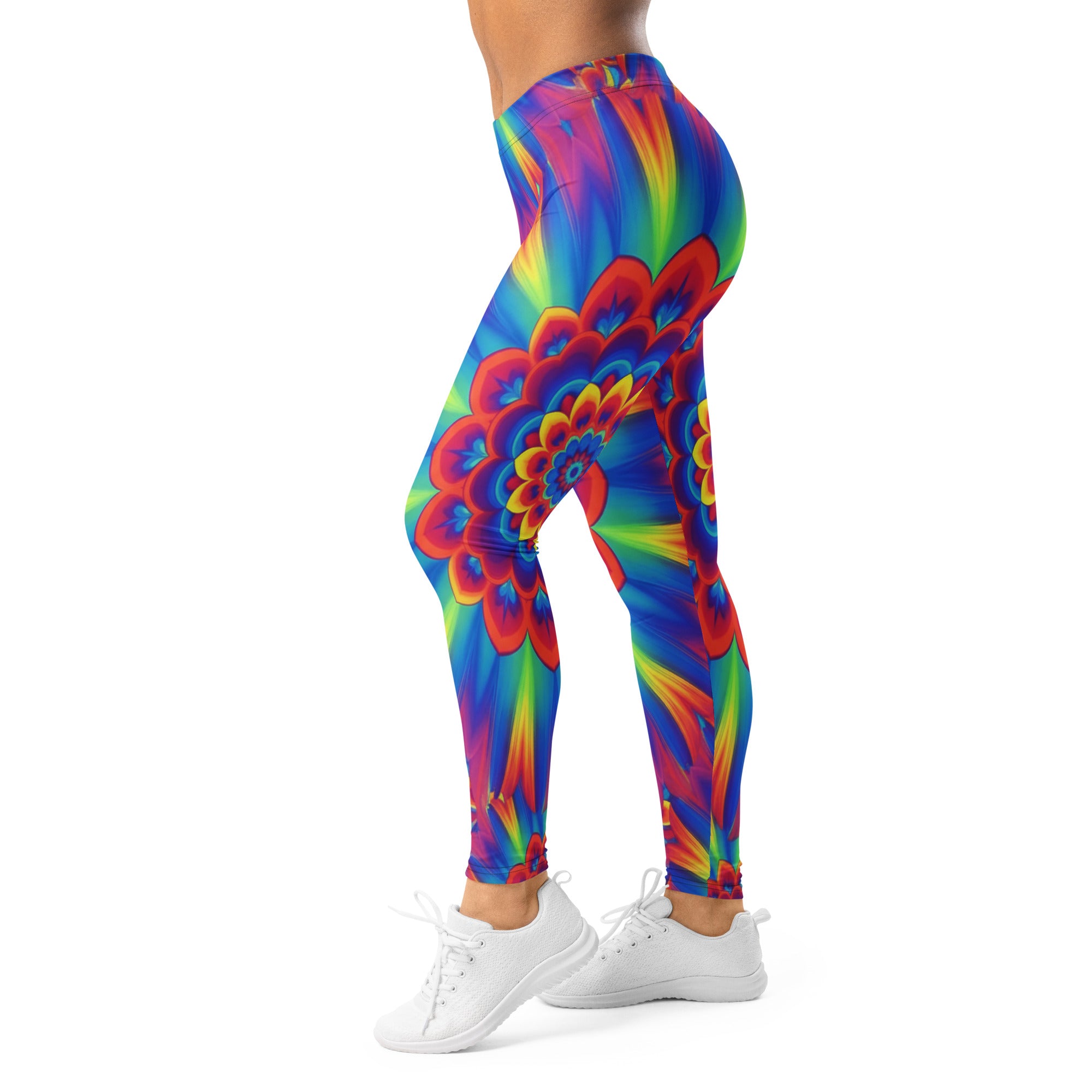 Women's psychedelic neon rainbow burst leggings front view