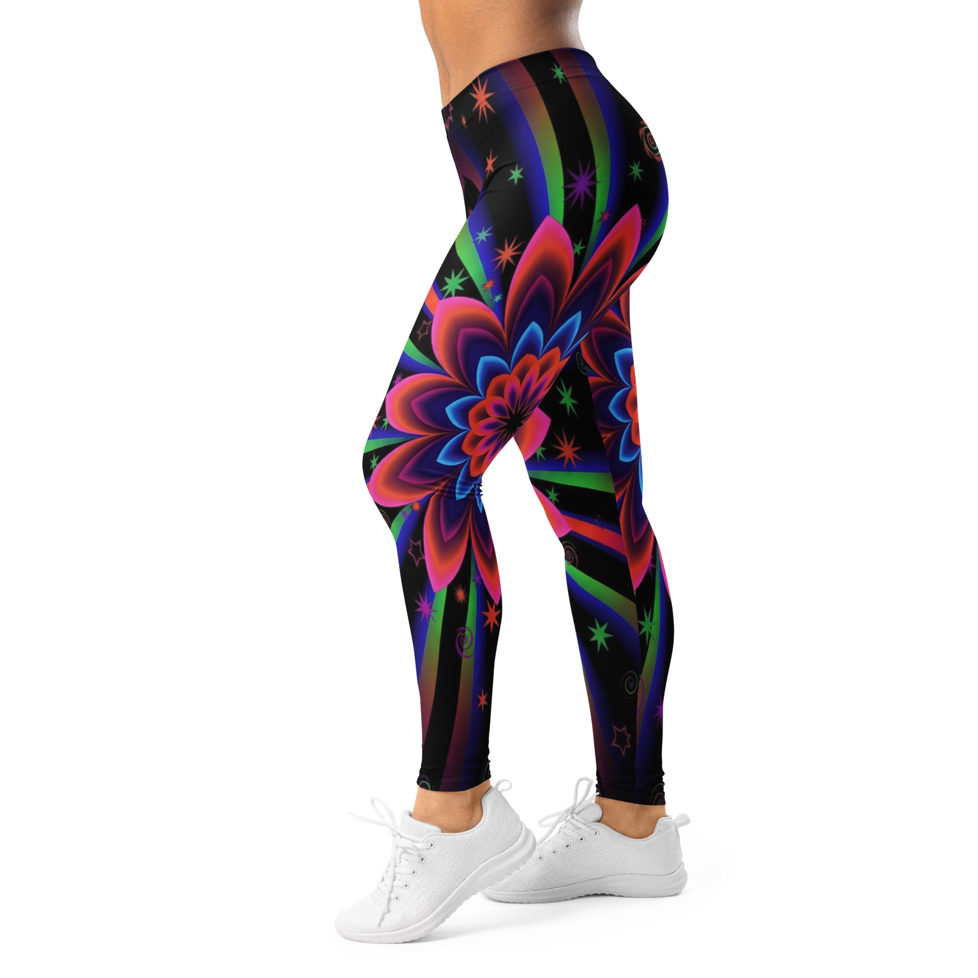 Women's psychedelic blacklight printed leggings front view