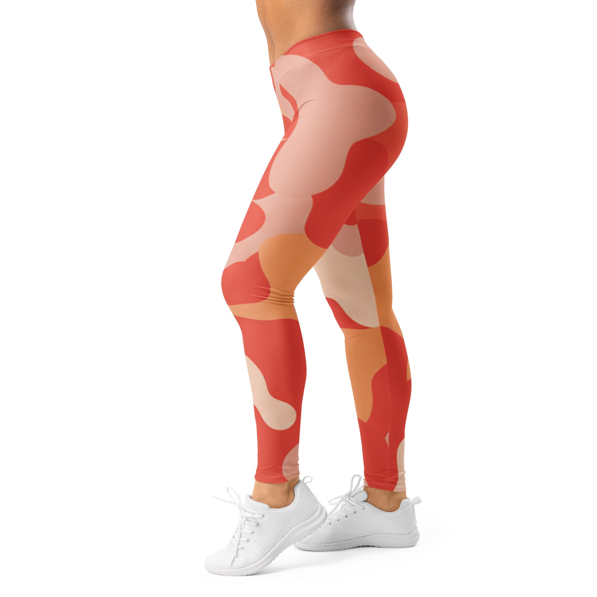 Women's coral sunset camo leggings front view