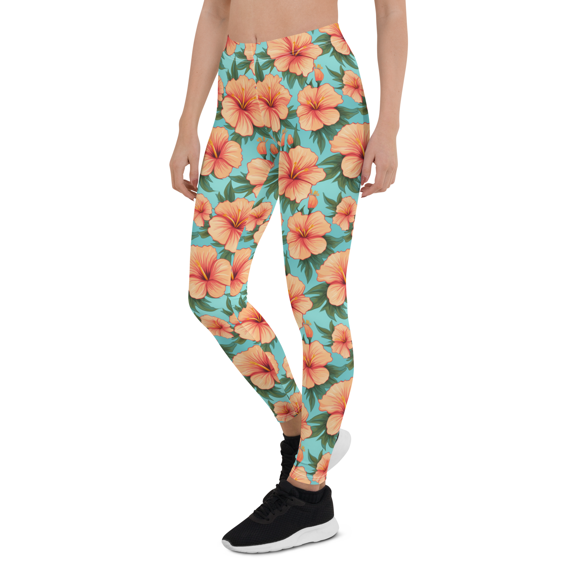 Women's tropical hibiscus printed leggings front view