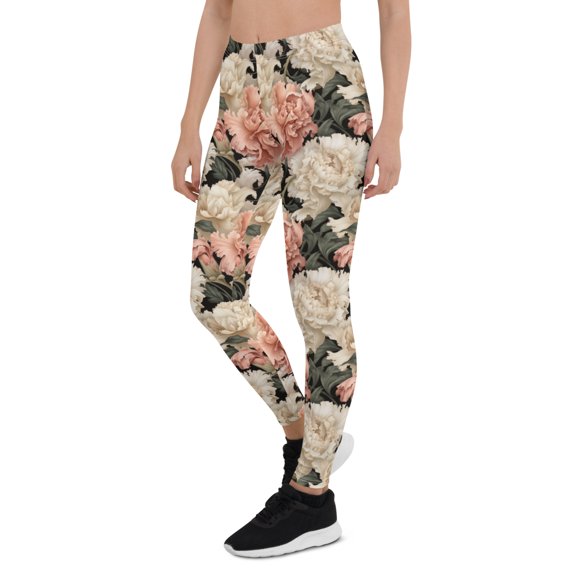 Women's green leaf carnation printed leggings front view