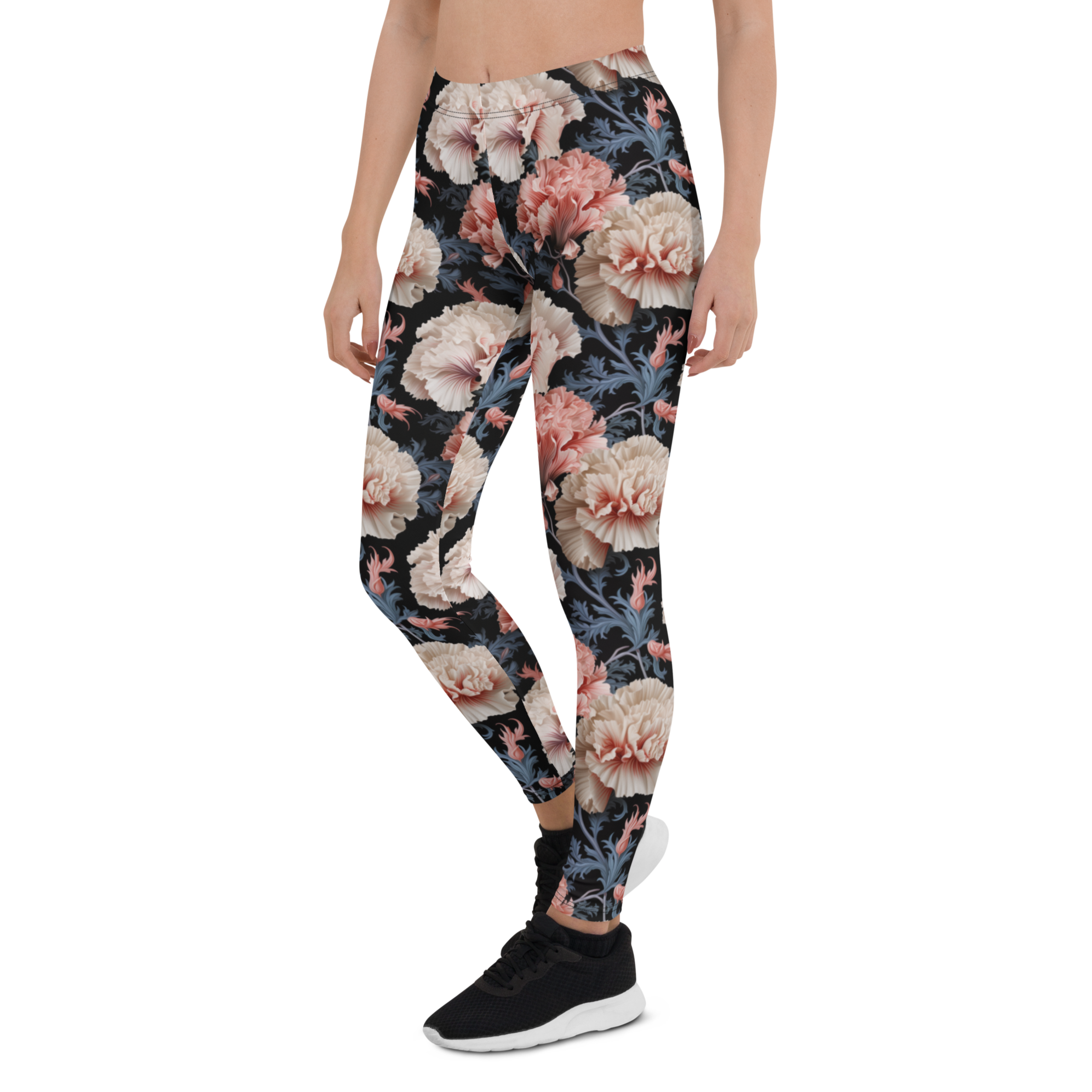 Women's blue leaf carnation printed leggings front view