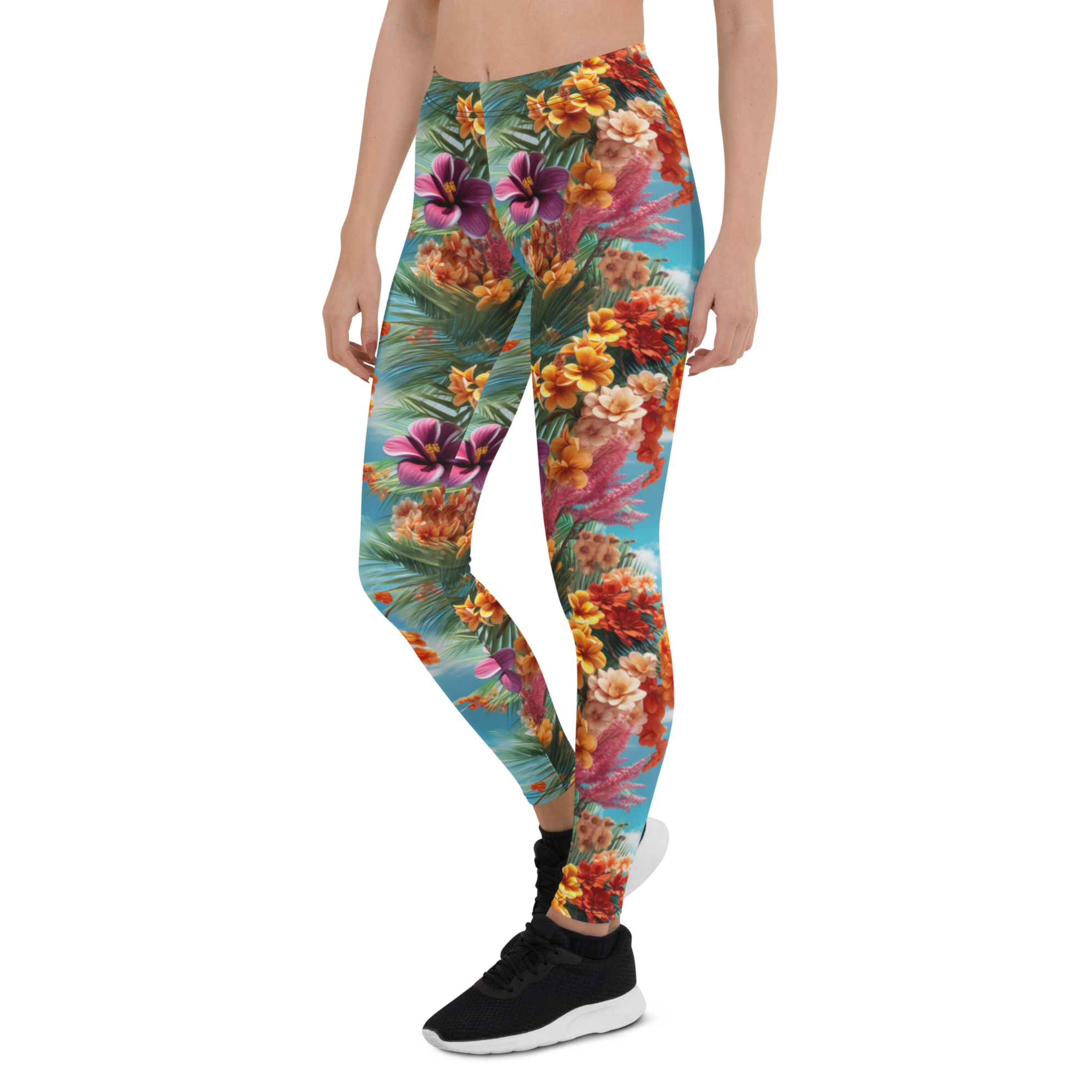 Women's tropical island flower printed leggings front view