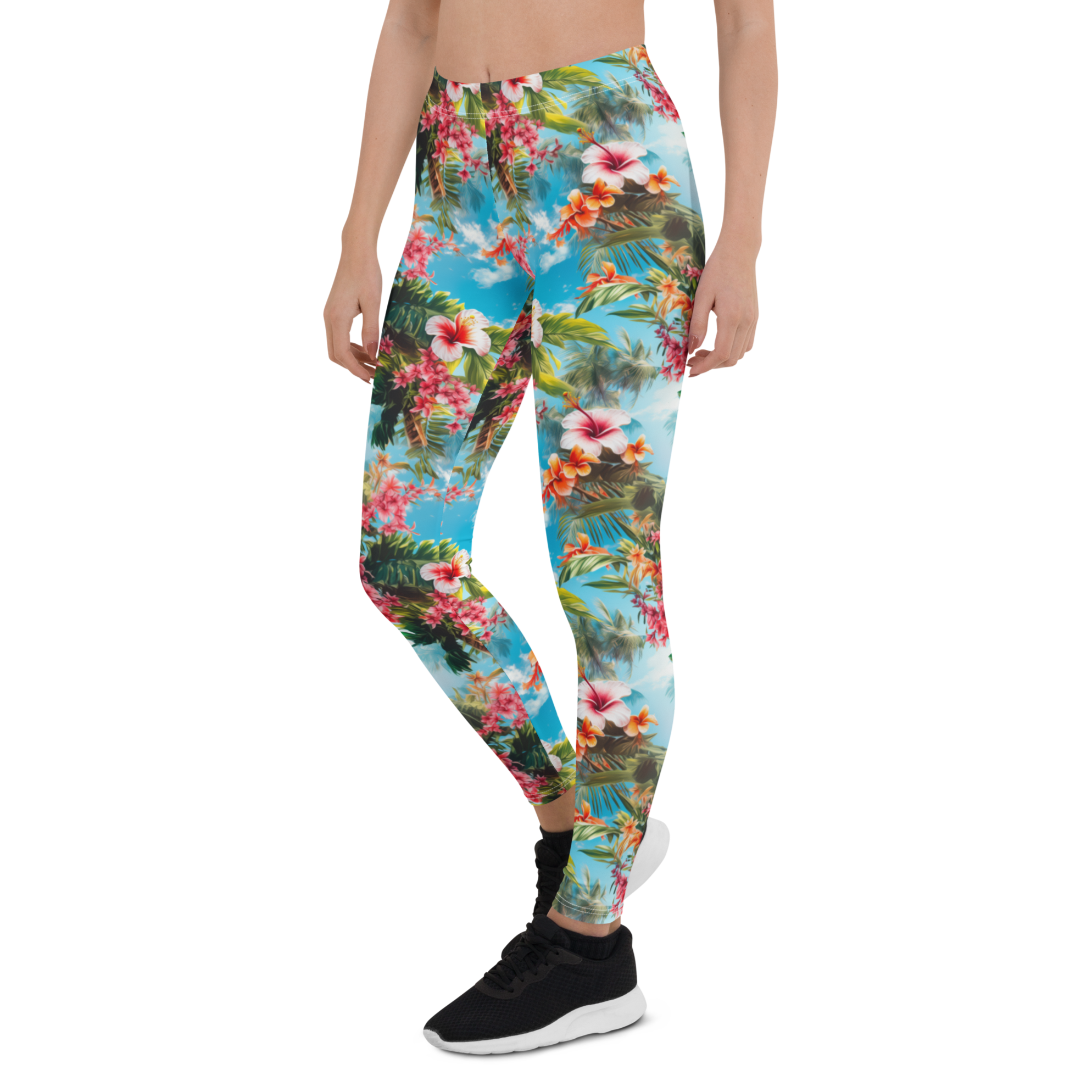Women's tropical beach flower printed leggings front view