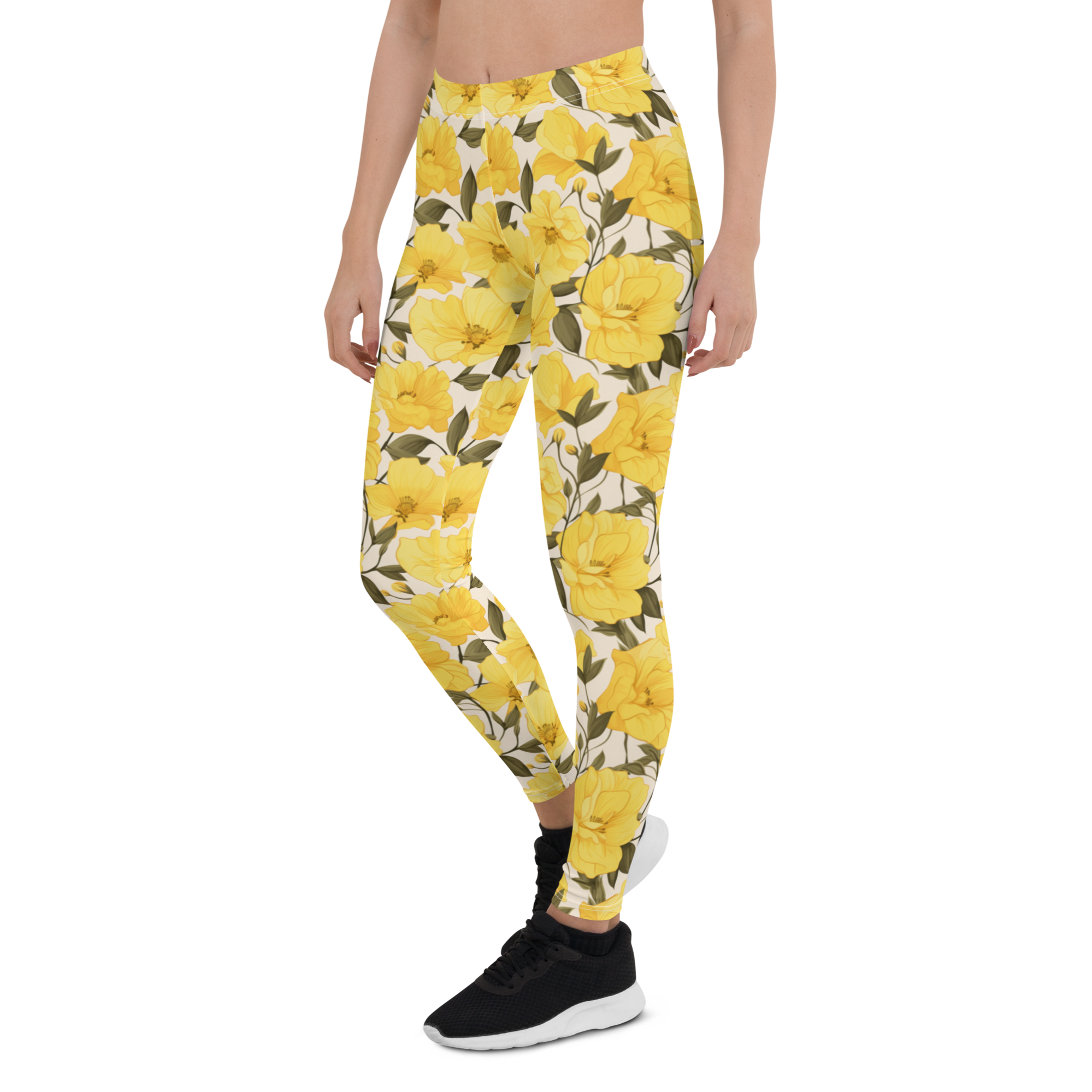 Women's yellow bell flower printed leggings front view