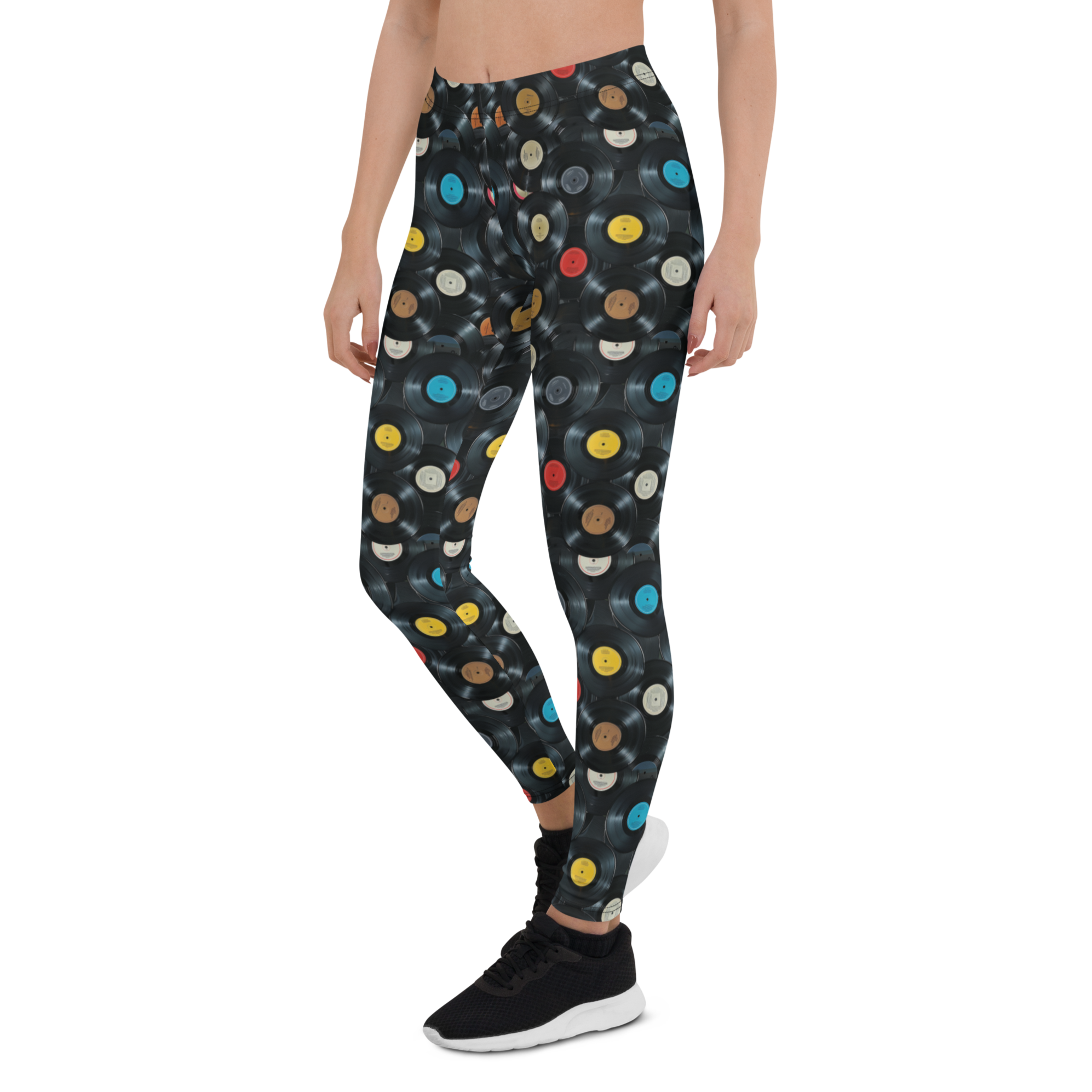 Women's vinyl record printed leggings front view