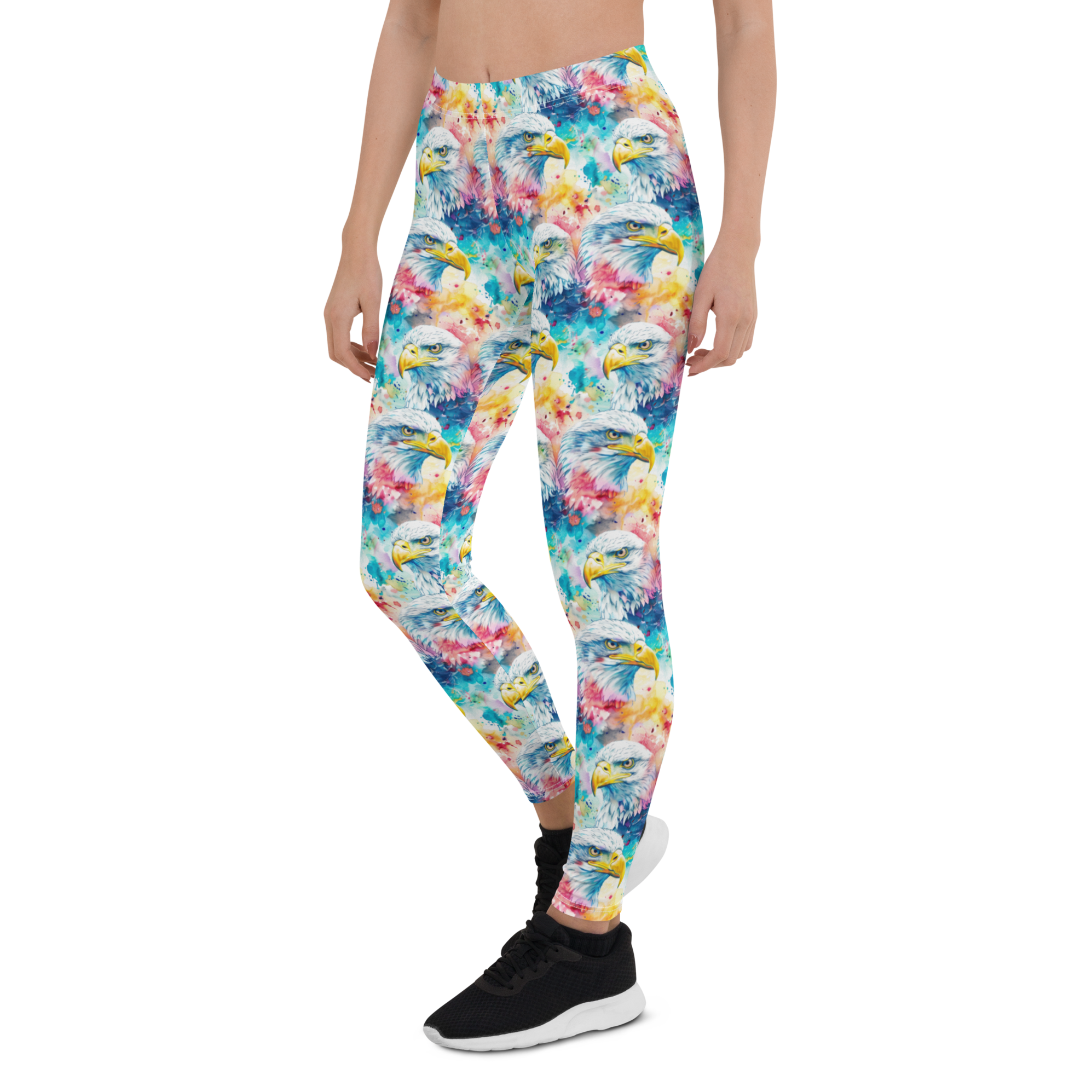 Women's watercolor eagle printed leggings front view