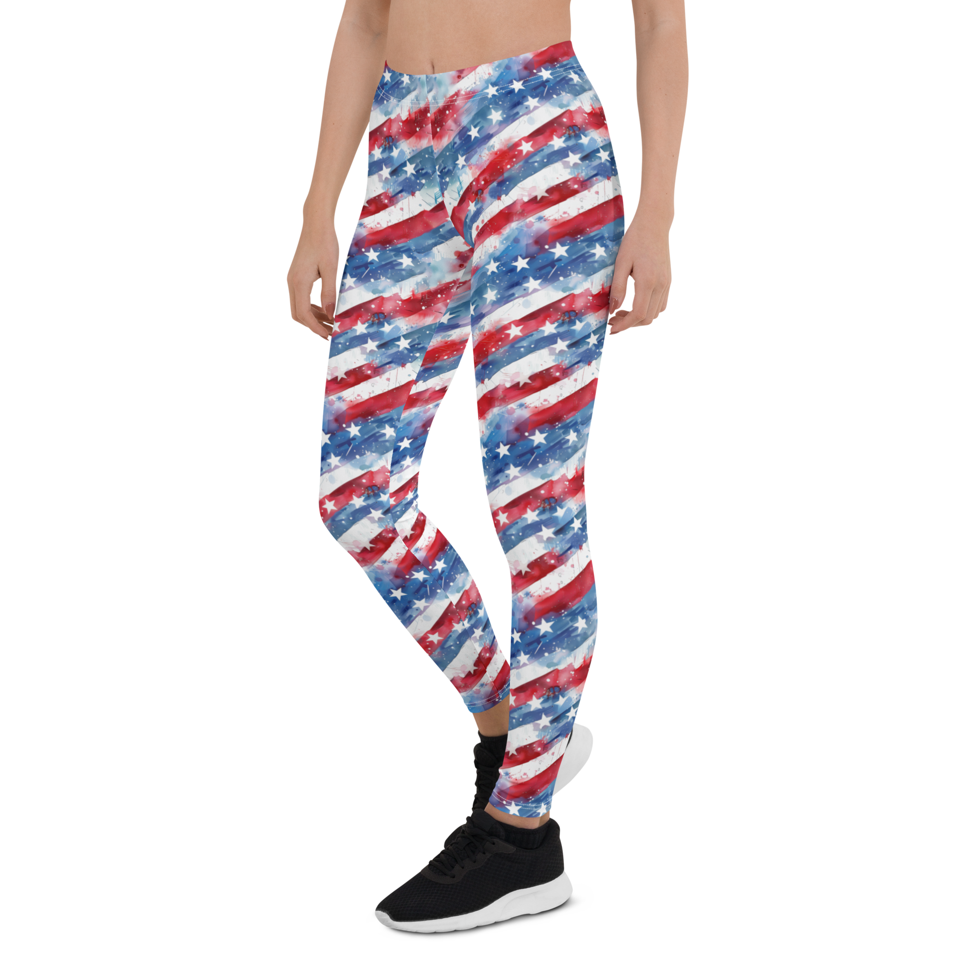Women's watercolor stars and stripes leggings front view
