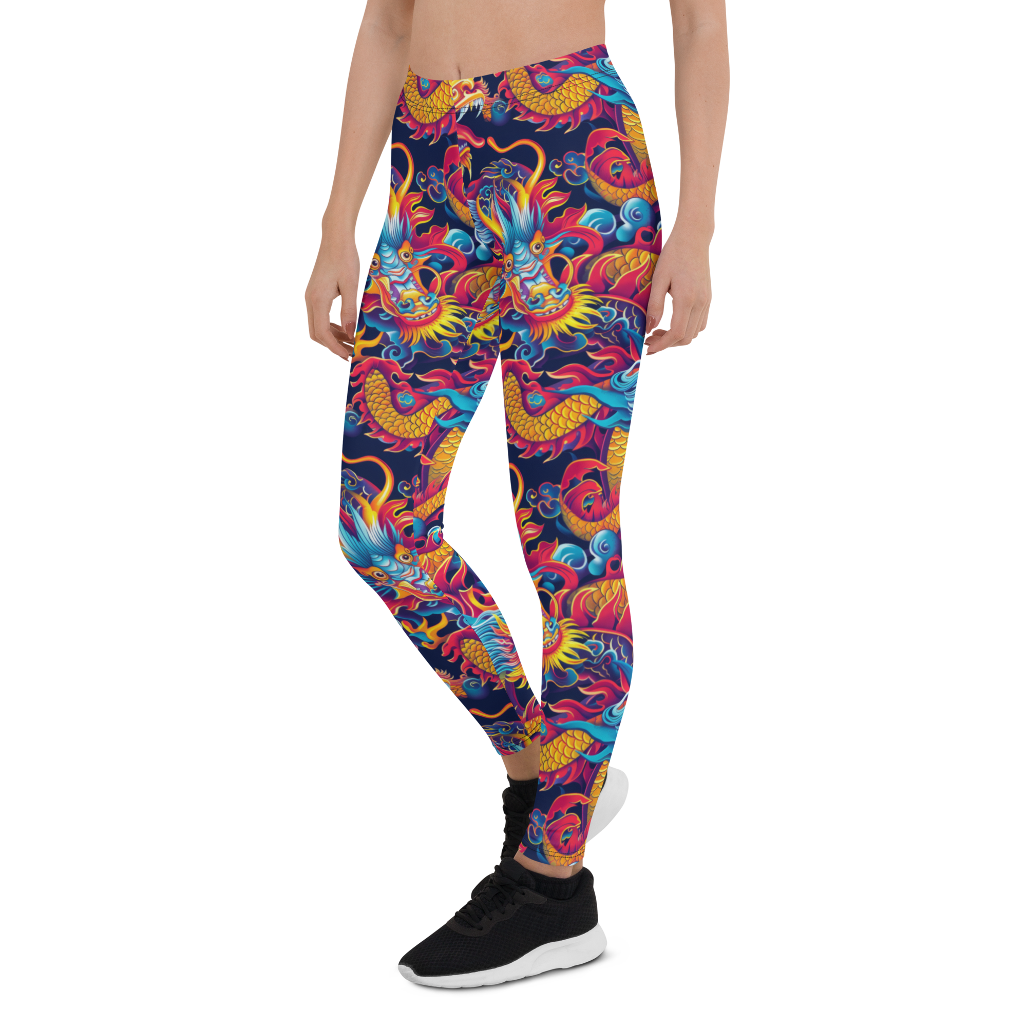 Women's oriental dragon printed leggings front view