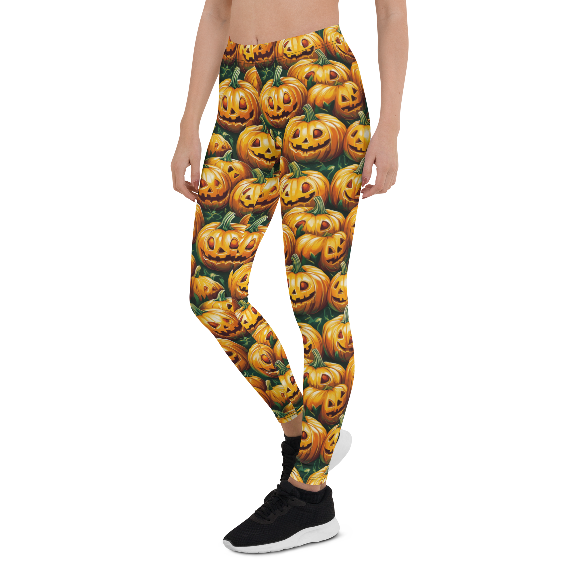 Women's creepy pumpkin printed leggings front view