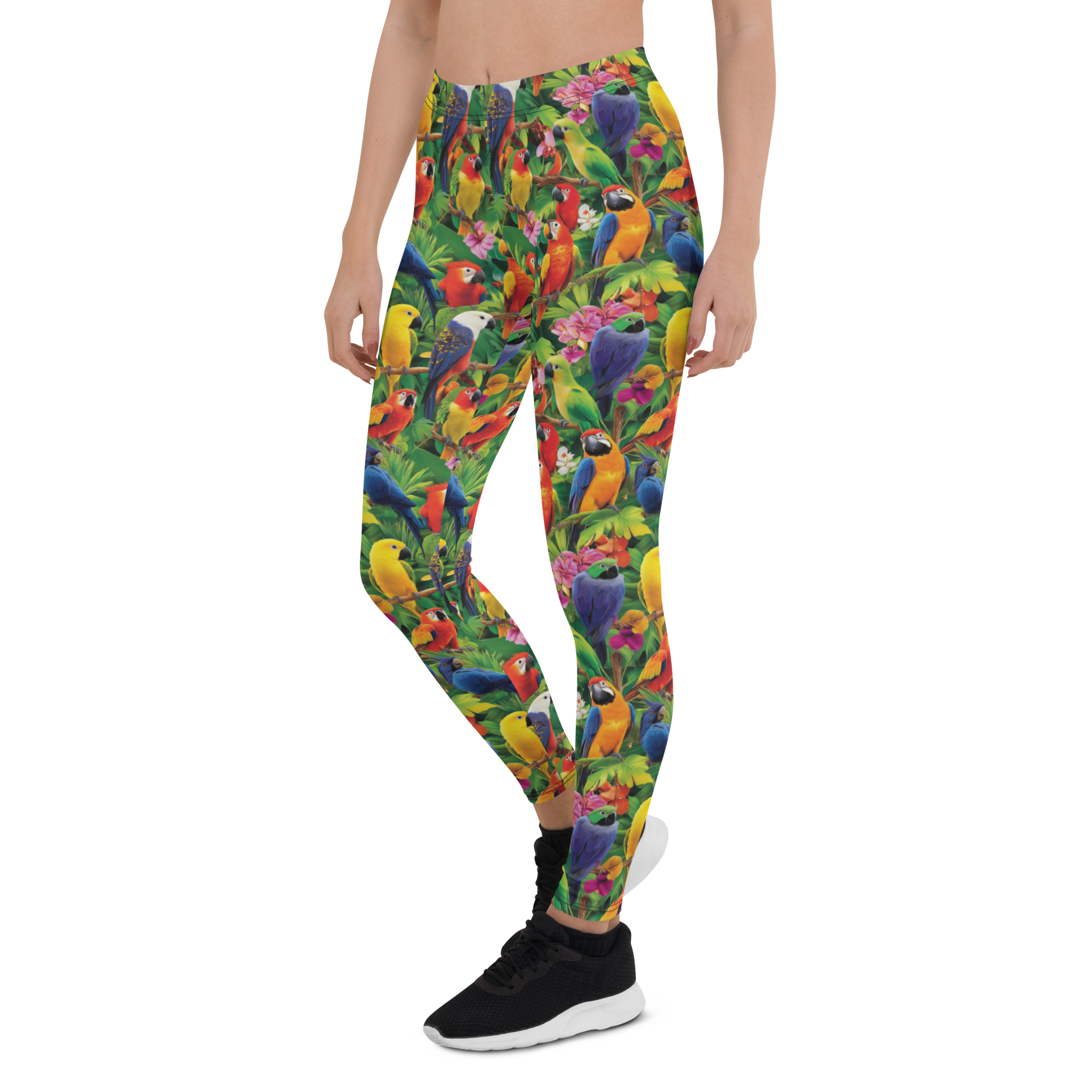 Women's tropical bird printed leggings front view