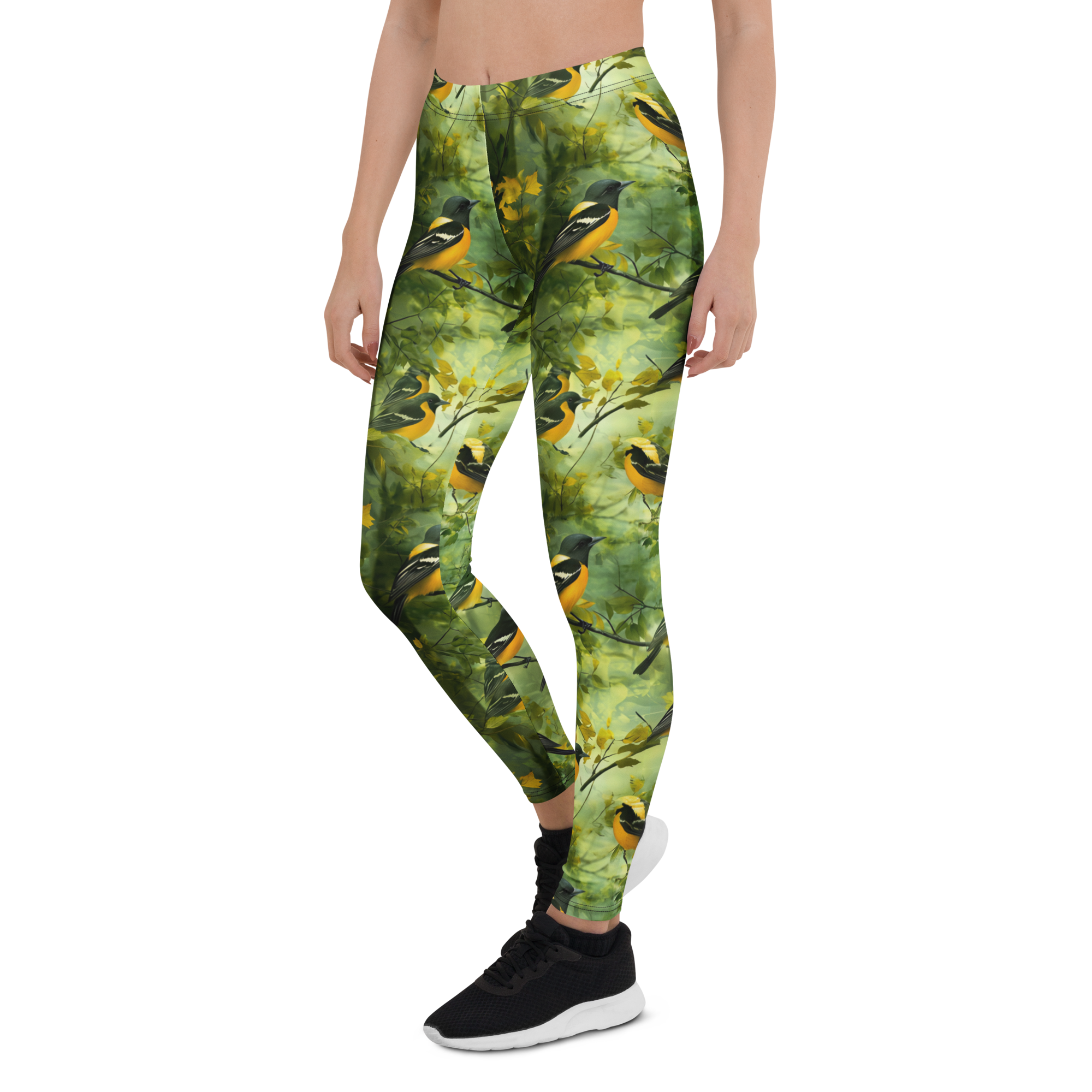Women's yellow songbird printed leggings front view