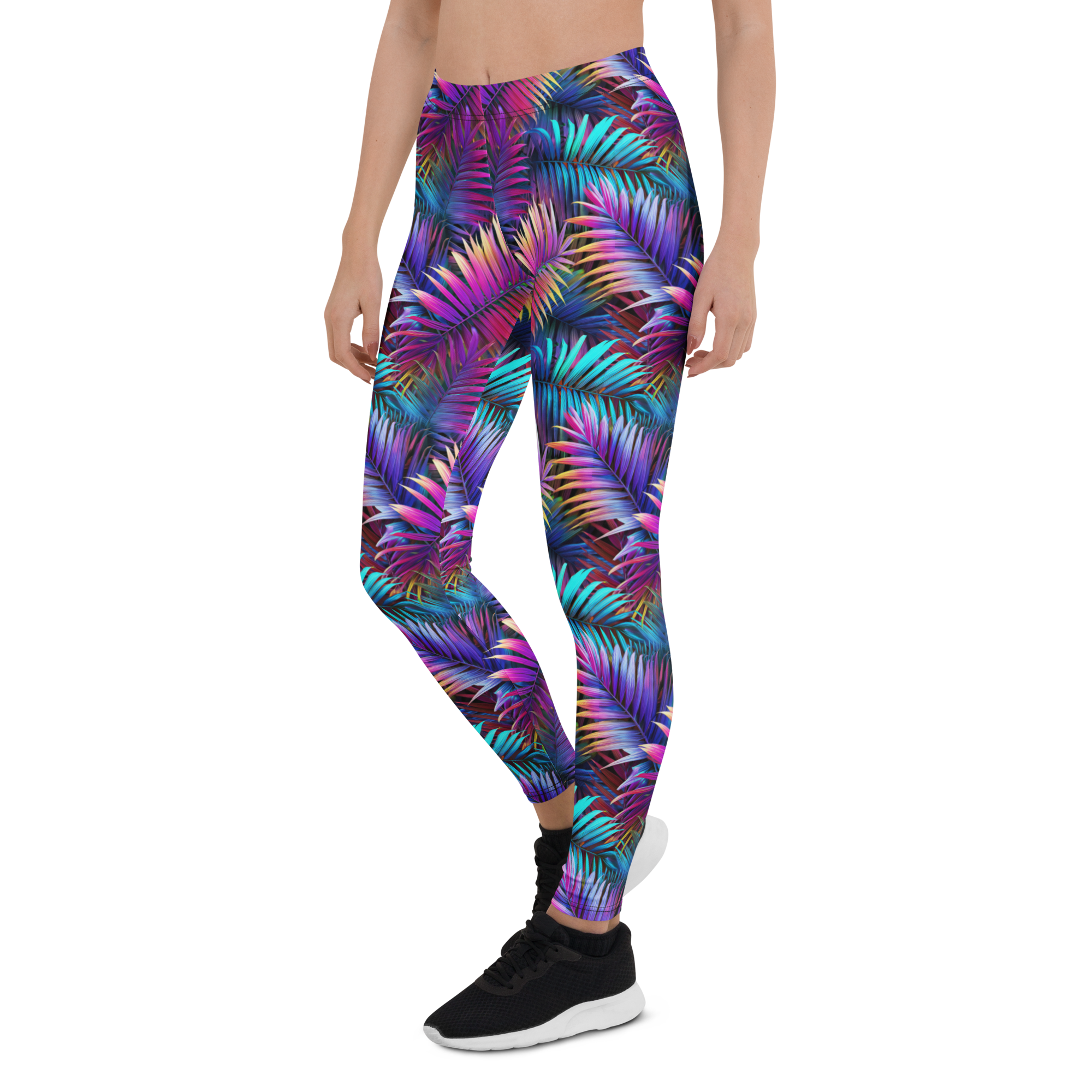 Women's neon palm printed leggings front view
