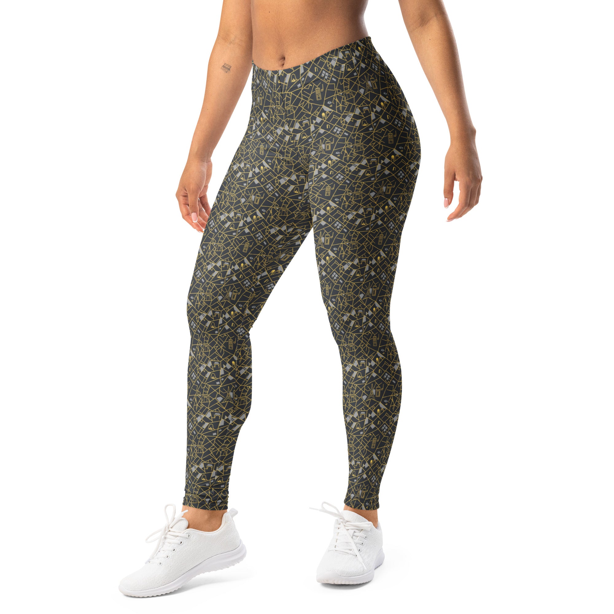 Paris Map Grey Gold Leggings | GearBunch