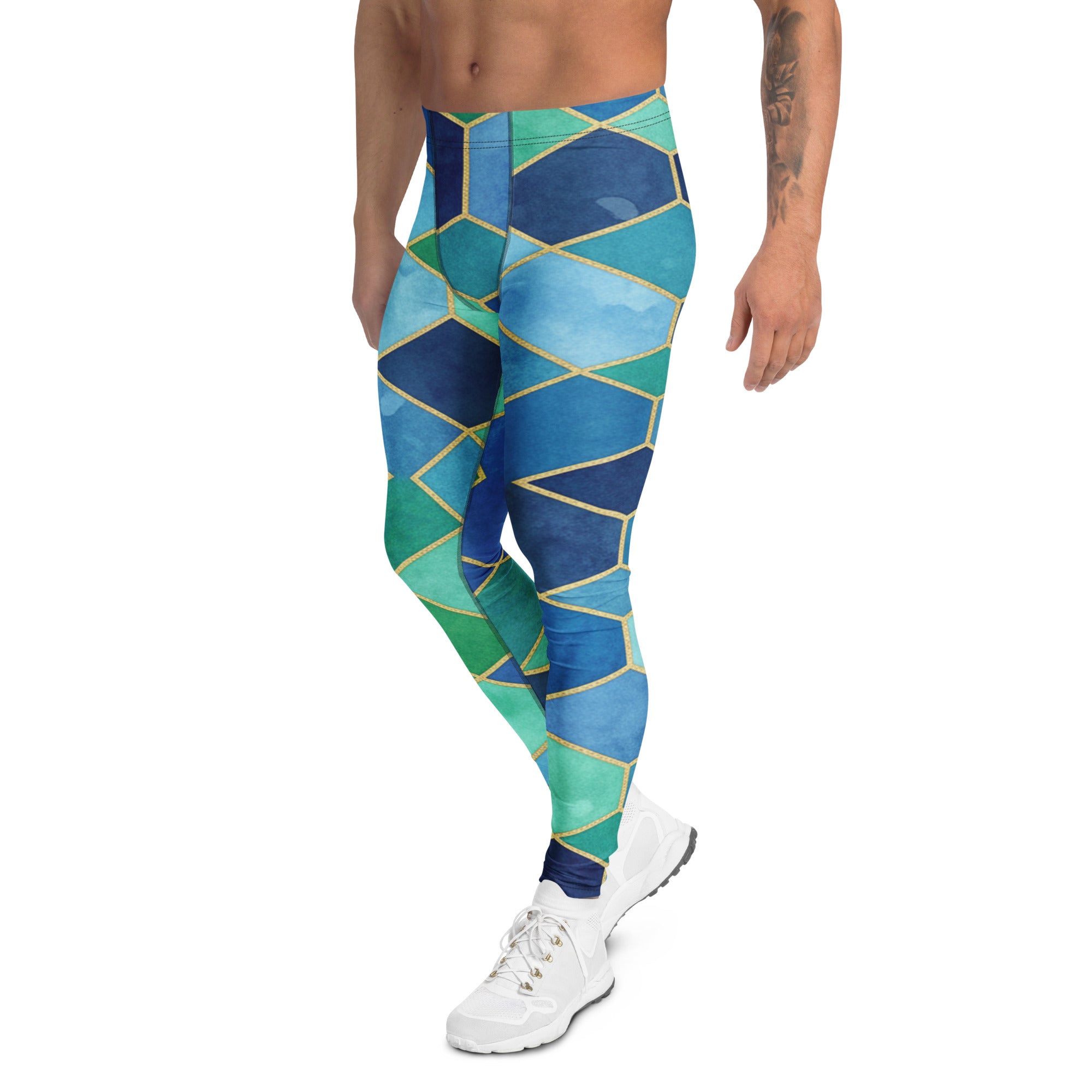 Men's blue arabic watercolour pattern meggings front view