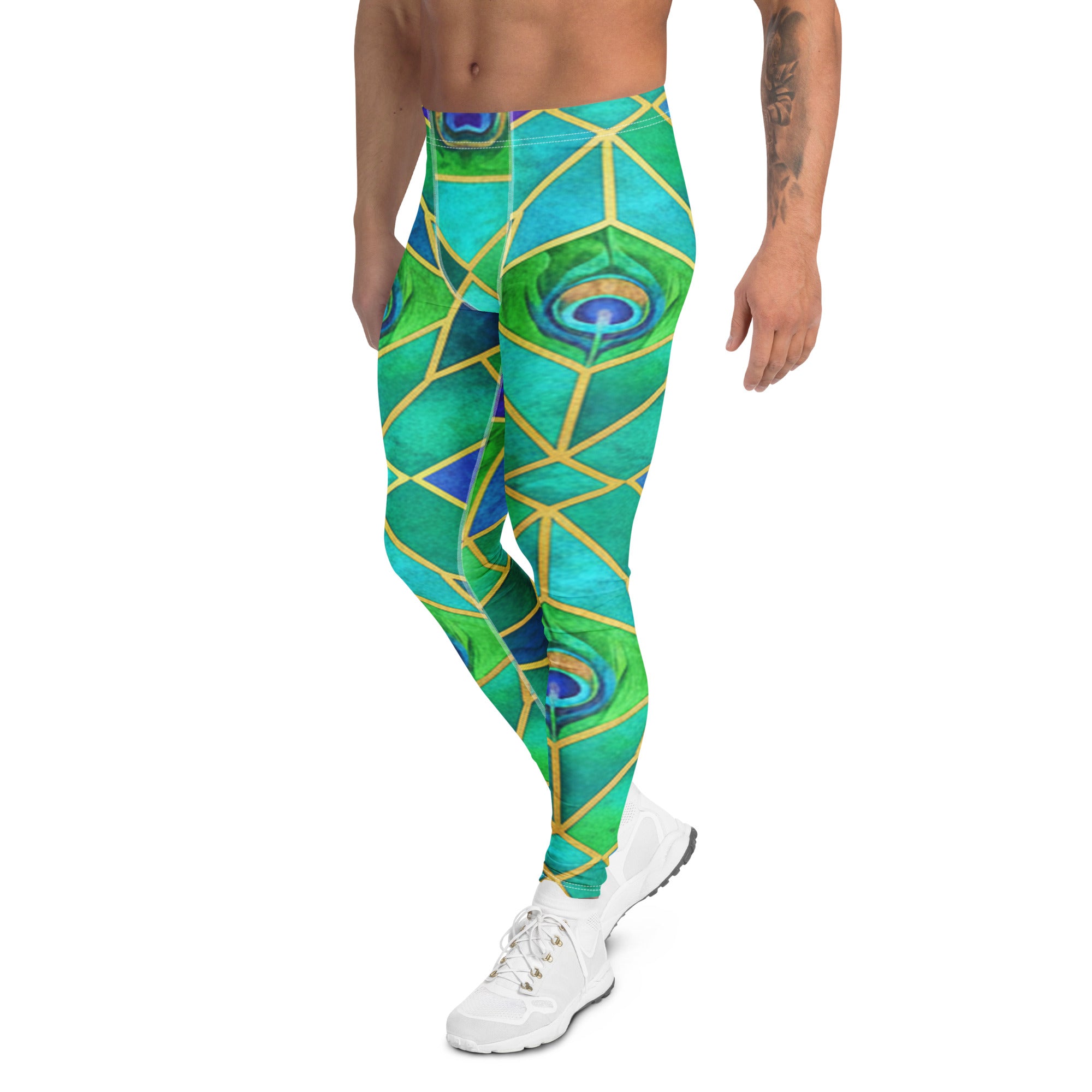 Men's watercolour peacock plume meggings front view