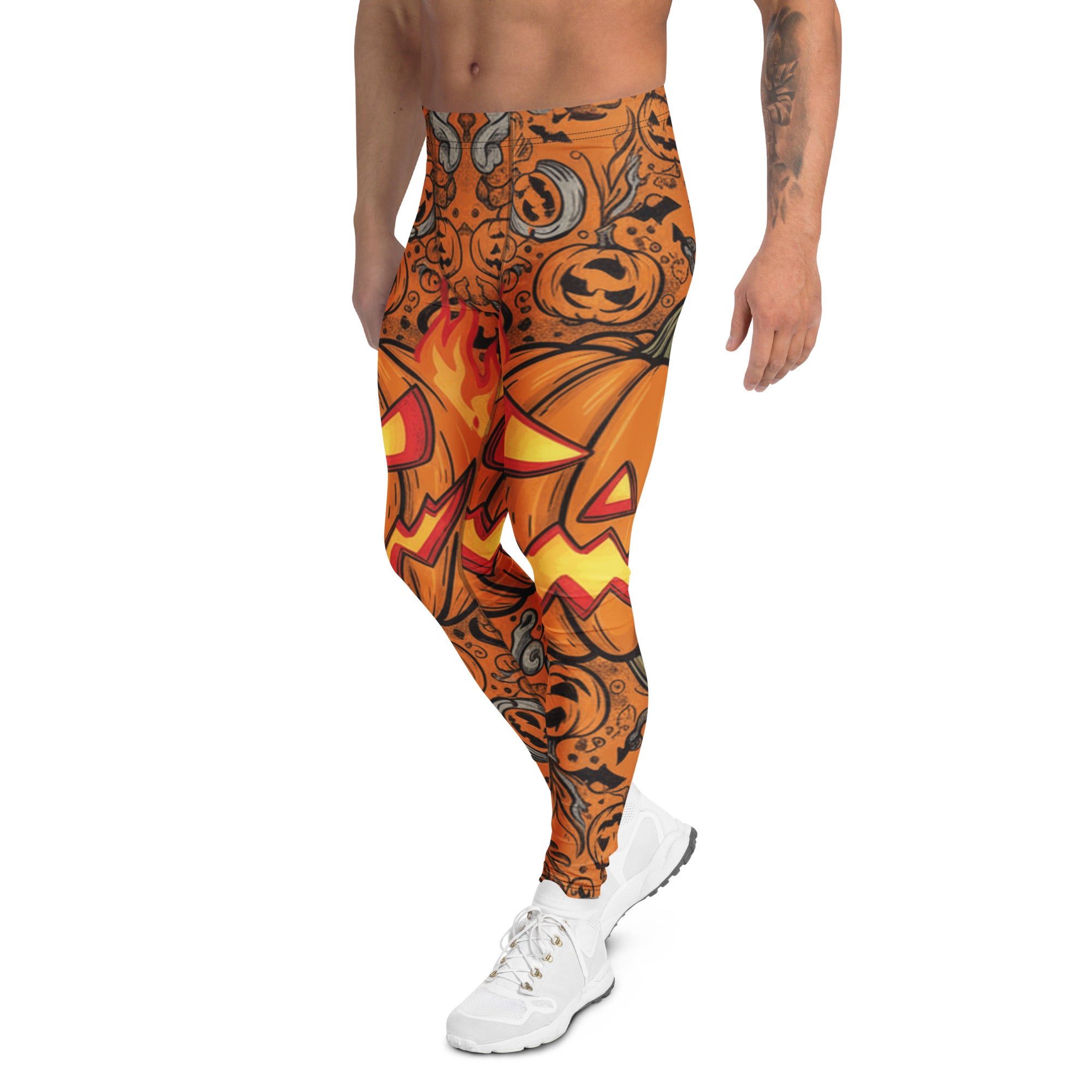 Men's carved jack-o-lantern glow meggings front view