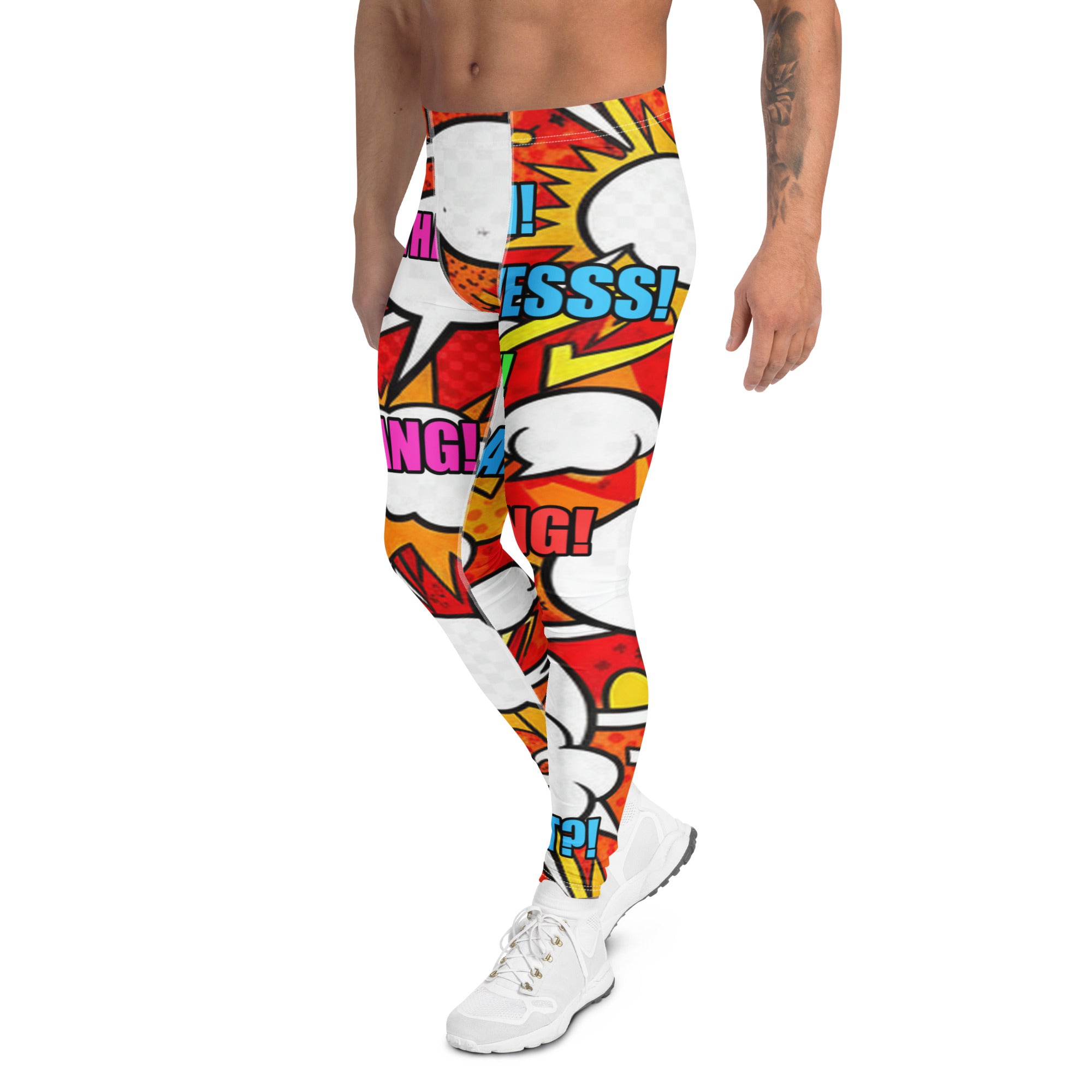 Men's comic pop fire engine printed meggings front view