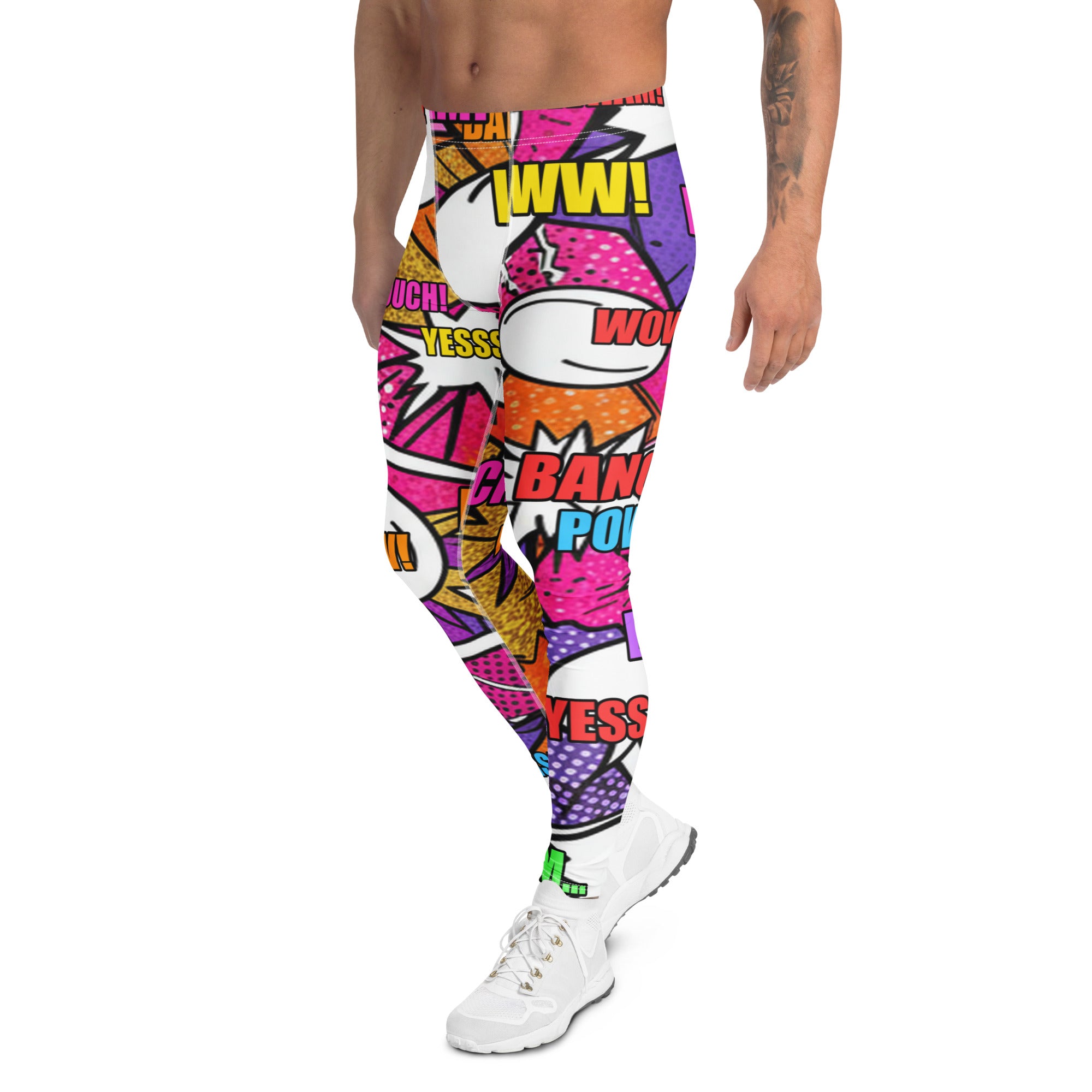 Men's comic strip disco funk printed meggings front view