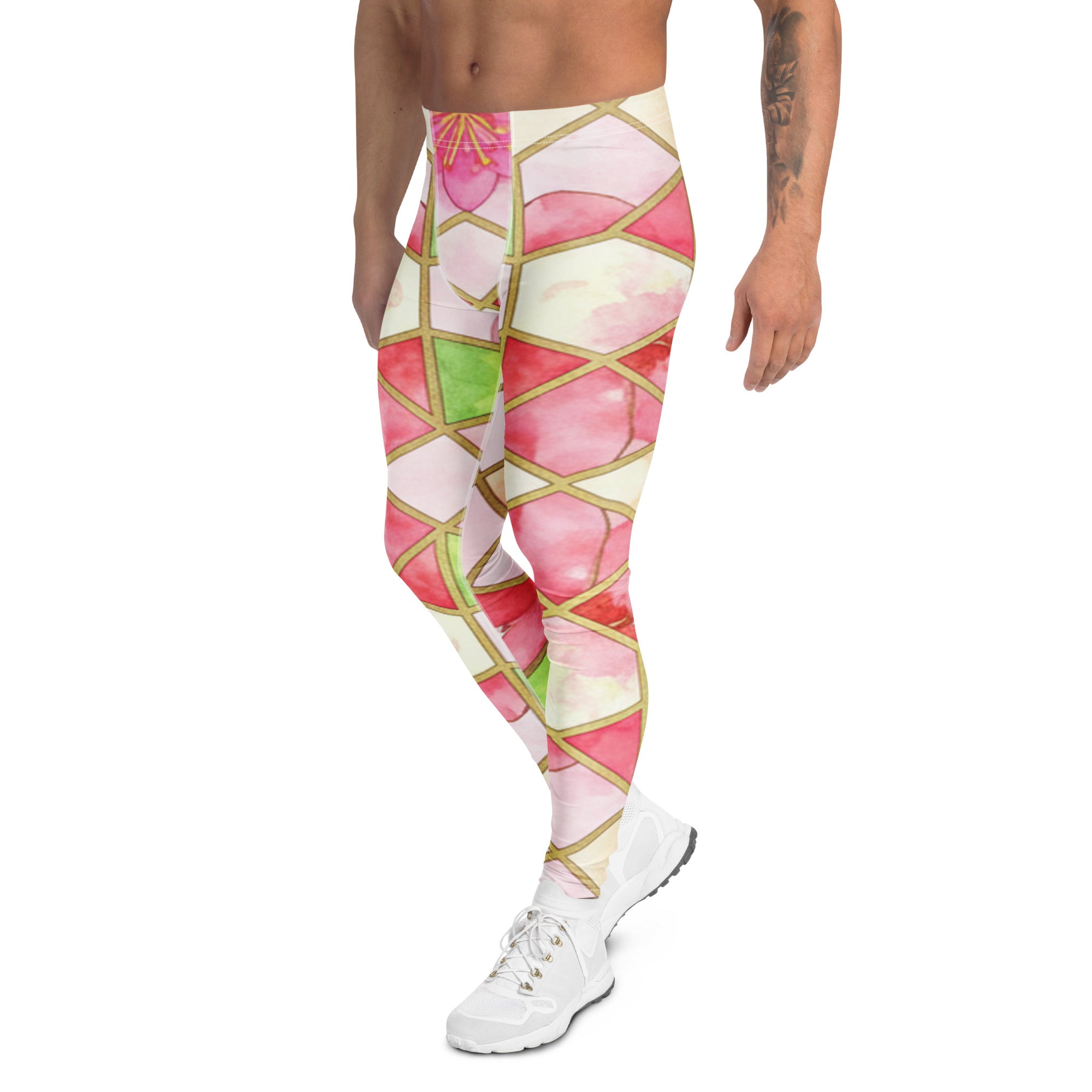 Men's arabic watercolour cherry blossom meggings front view