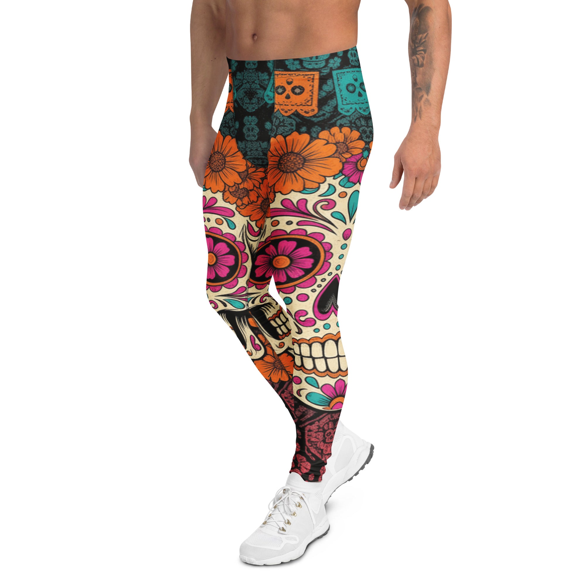 Men's Día de los Muertos marigold meggings front view