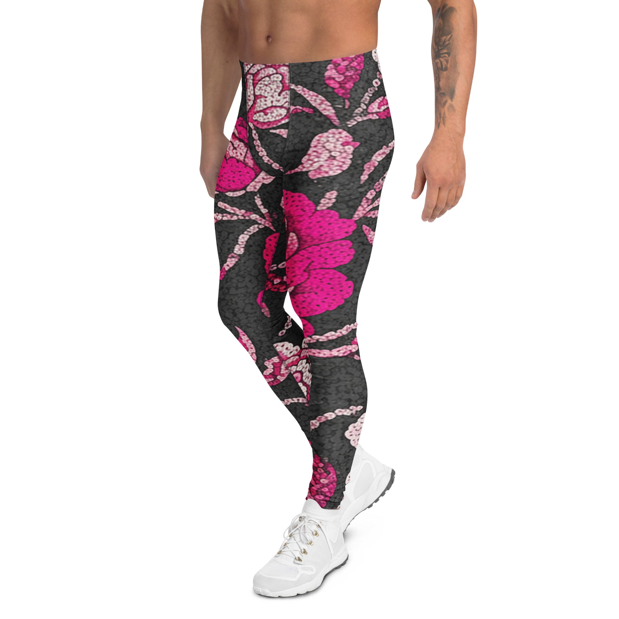 Men's pink paillette peony printed meggings front view