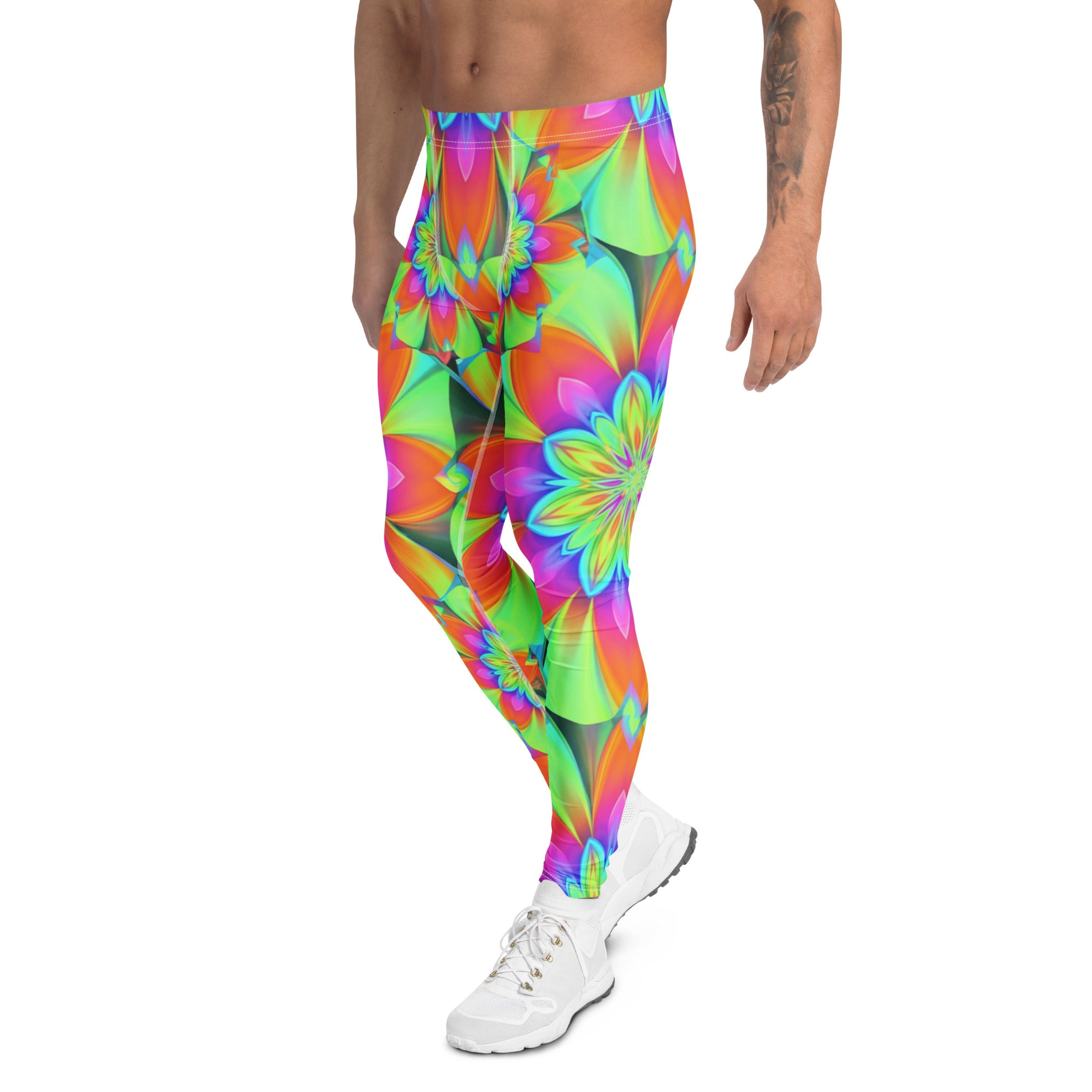 Men's psychedelic acid trip printed meggings front view