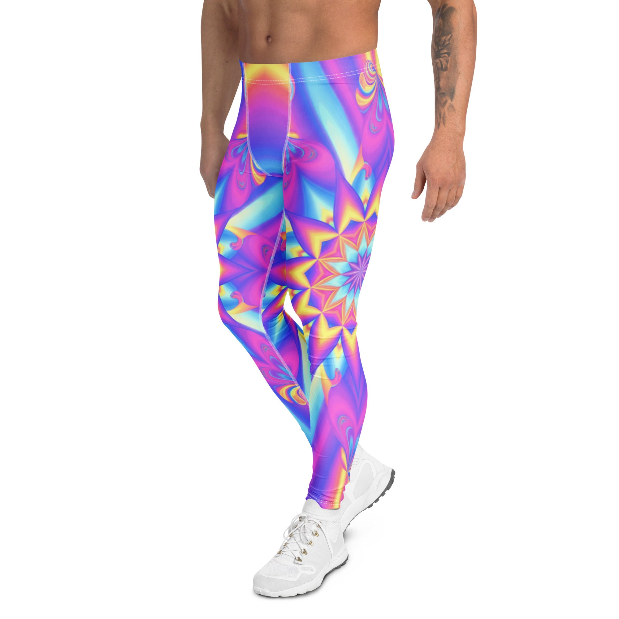 Men's psychedelic candy rave printed meggings front view