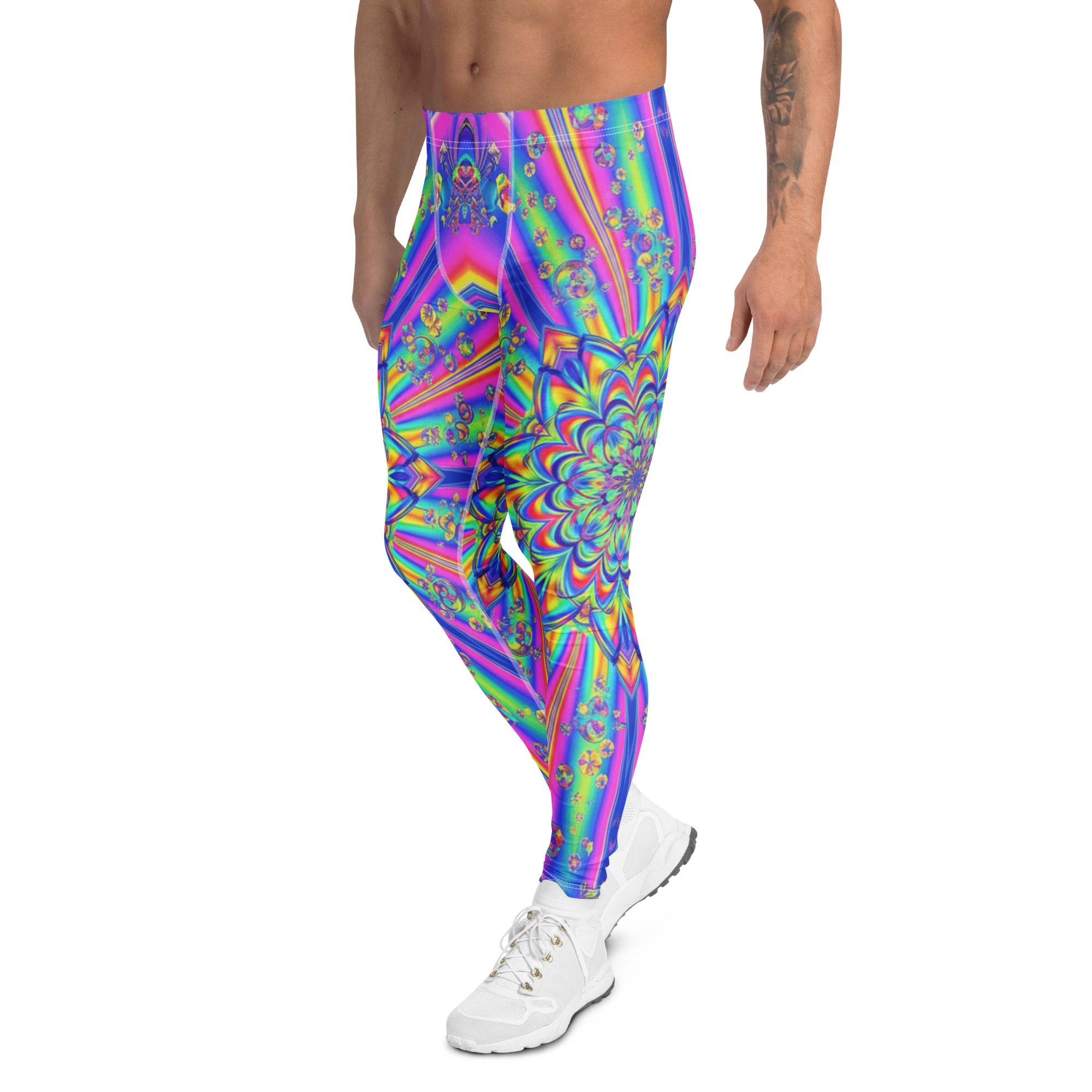 Men's psychedelic chrome spectrum meggings front view