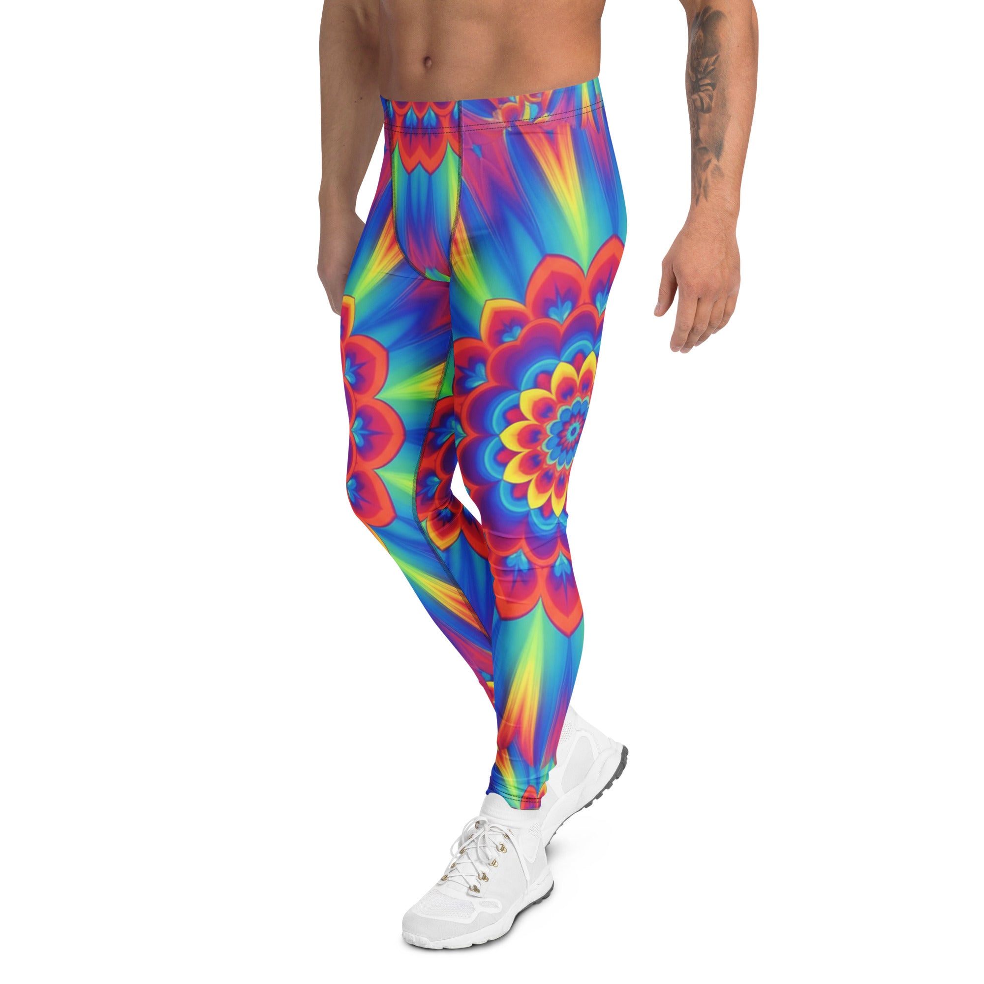 Men's psychedelic neon rainbow burst meggings front view