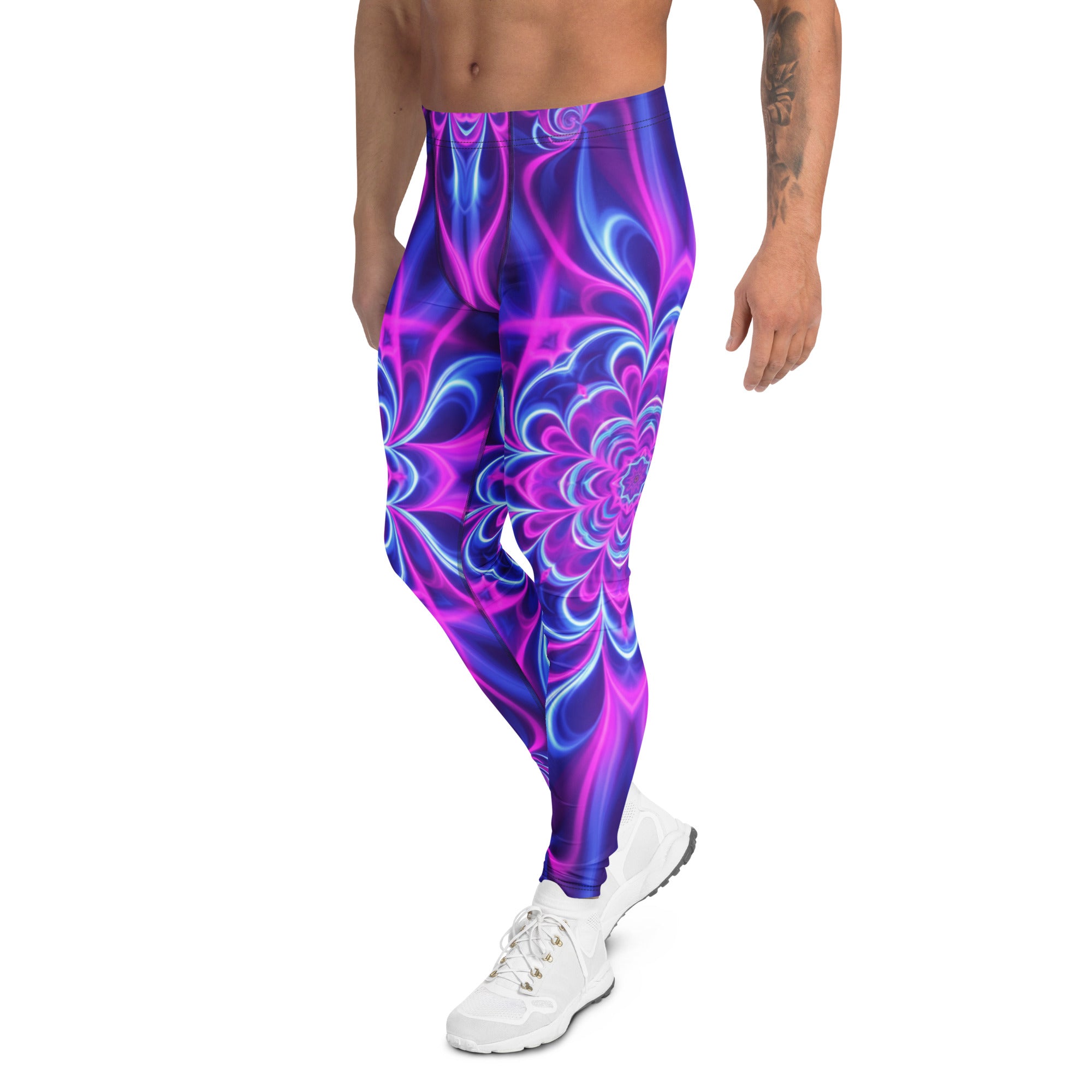 Men's psychedelic ultraviolet bloom printed meggings front view